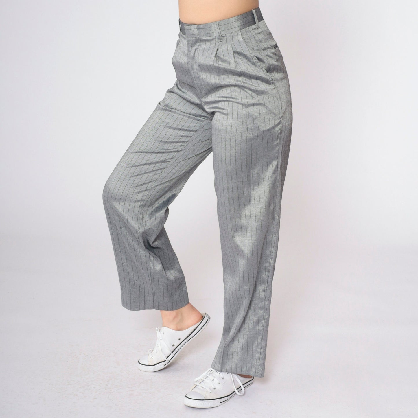 90s Grey Pinstripe High-Waisted Pleated Straight-Leg Trousers Small