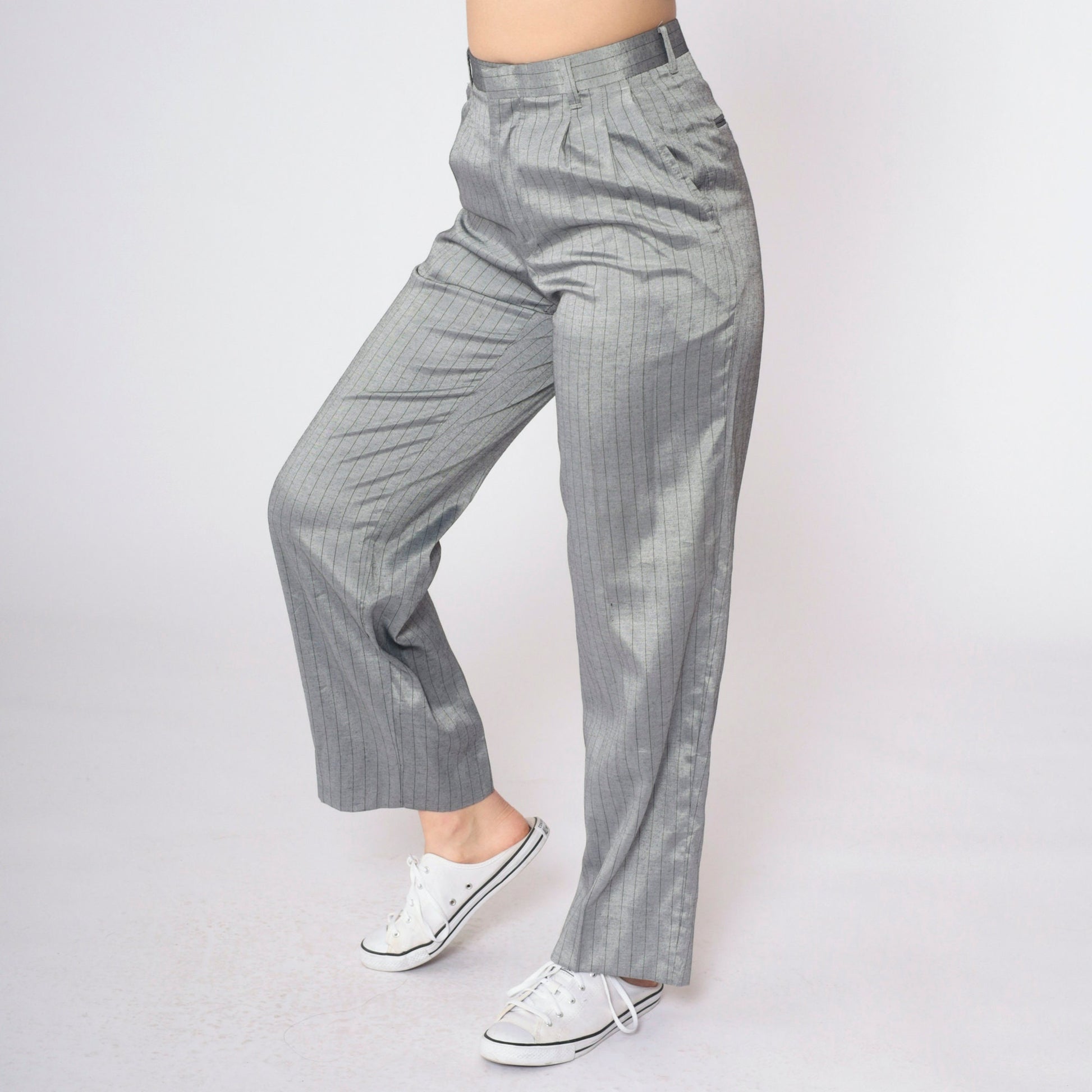 90s Grey Pinstripe High-Waisted Pleated Straight-Leg Trousers Small
