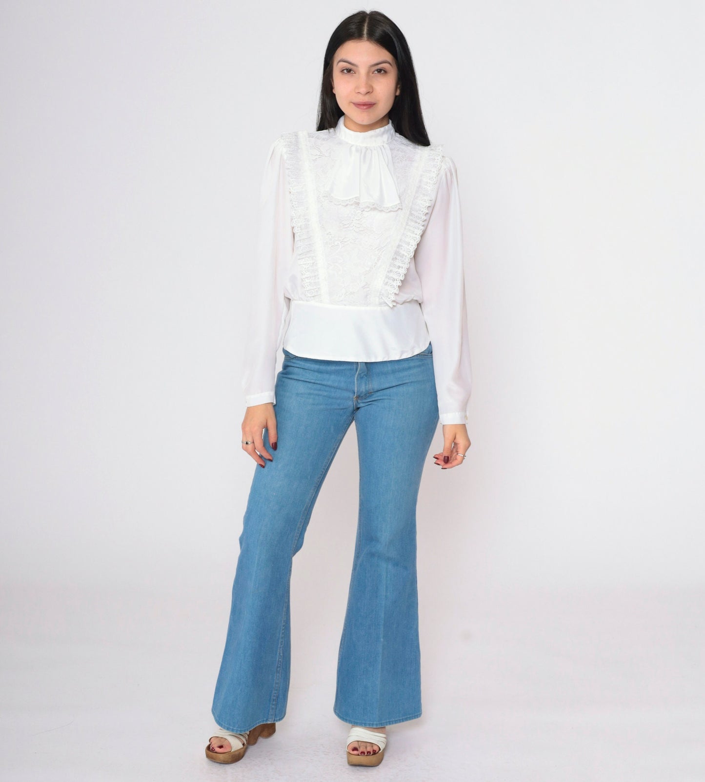 80s White Lace Jabot Blouse Puff Sleeve Button Back Shirt Small