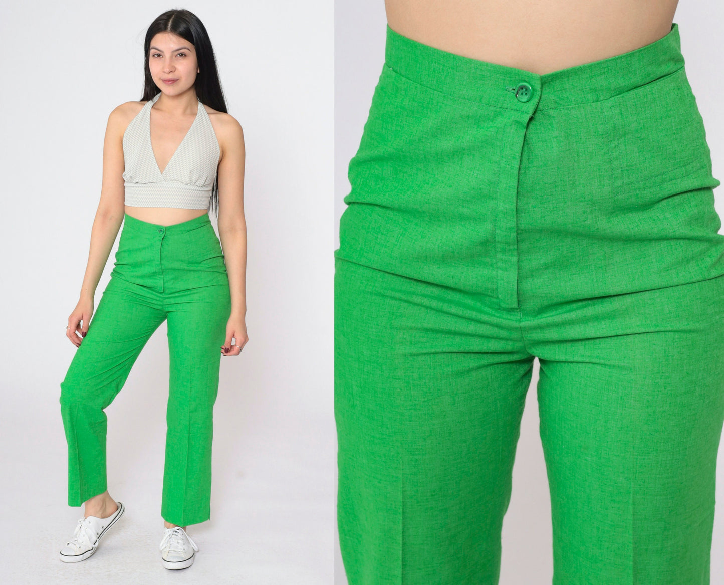 70s Lime Green Straight Leg Trousers High Rise Cotton Blend Small