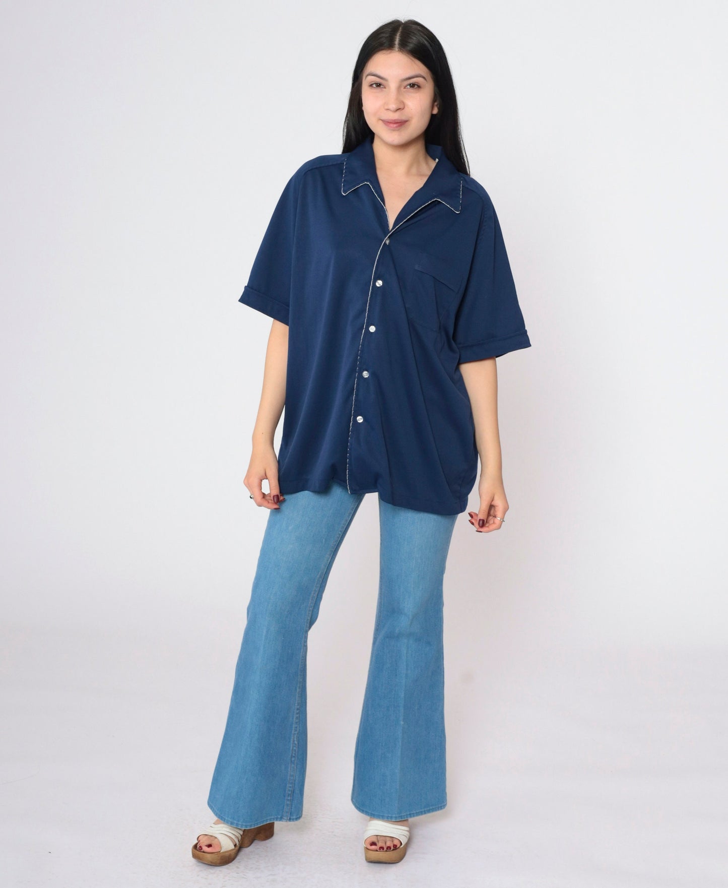 70s Navy Button Up Shirt White Scalloped Trim Short Sleeve Extra Large
