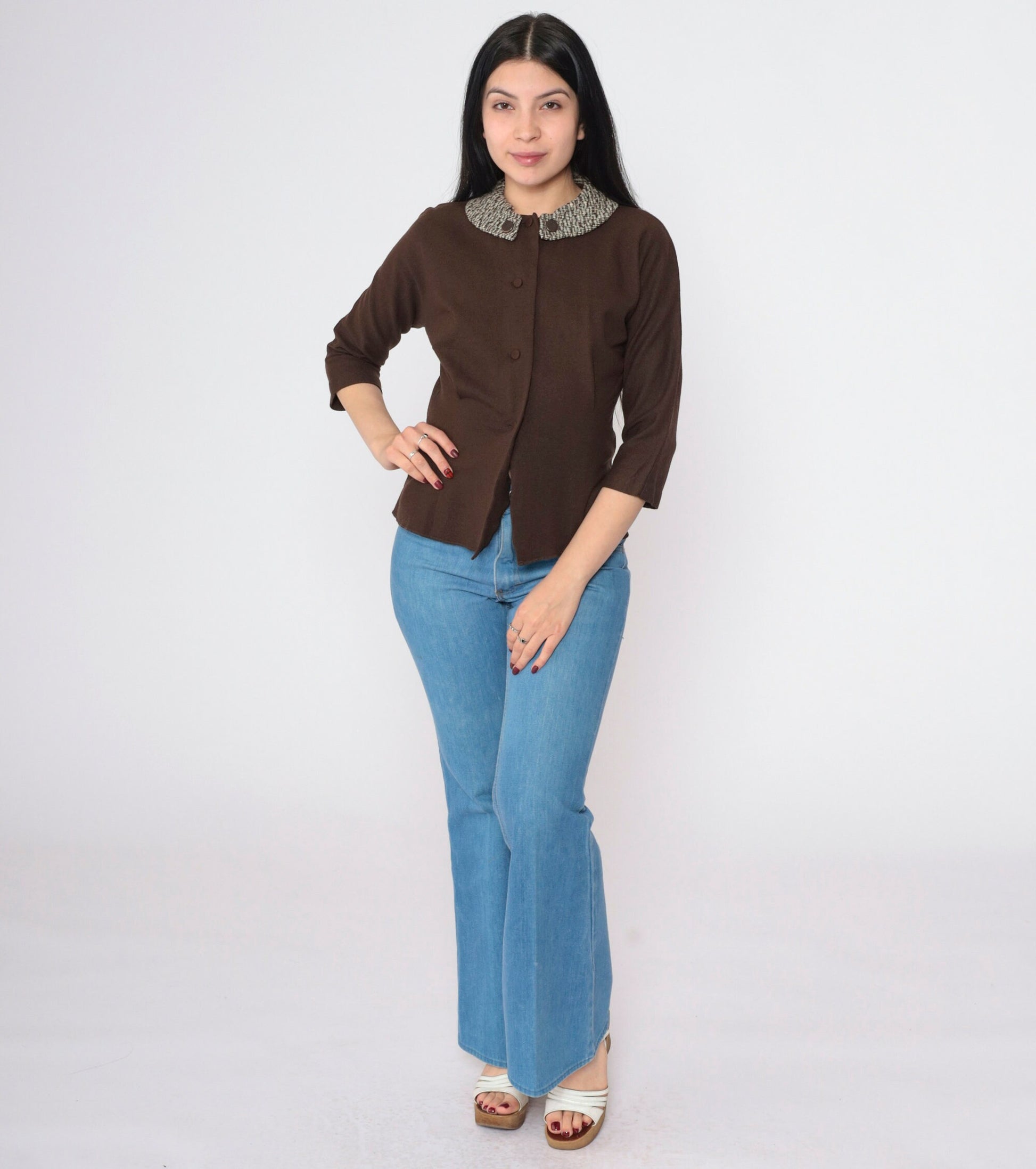 60s Brown Wool Blend Knit Collar Button-Up Top 3/4 Sleeve Small