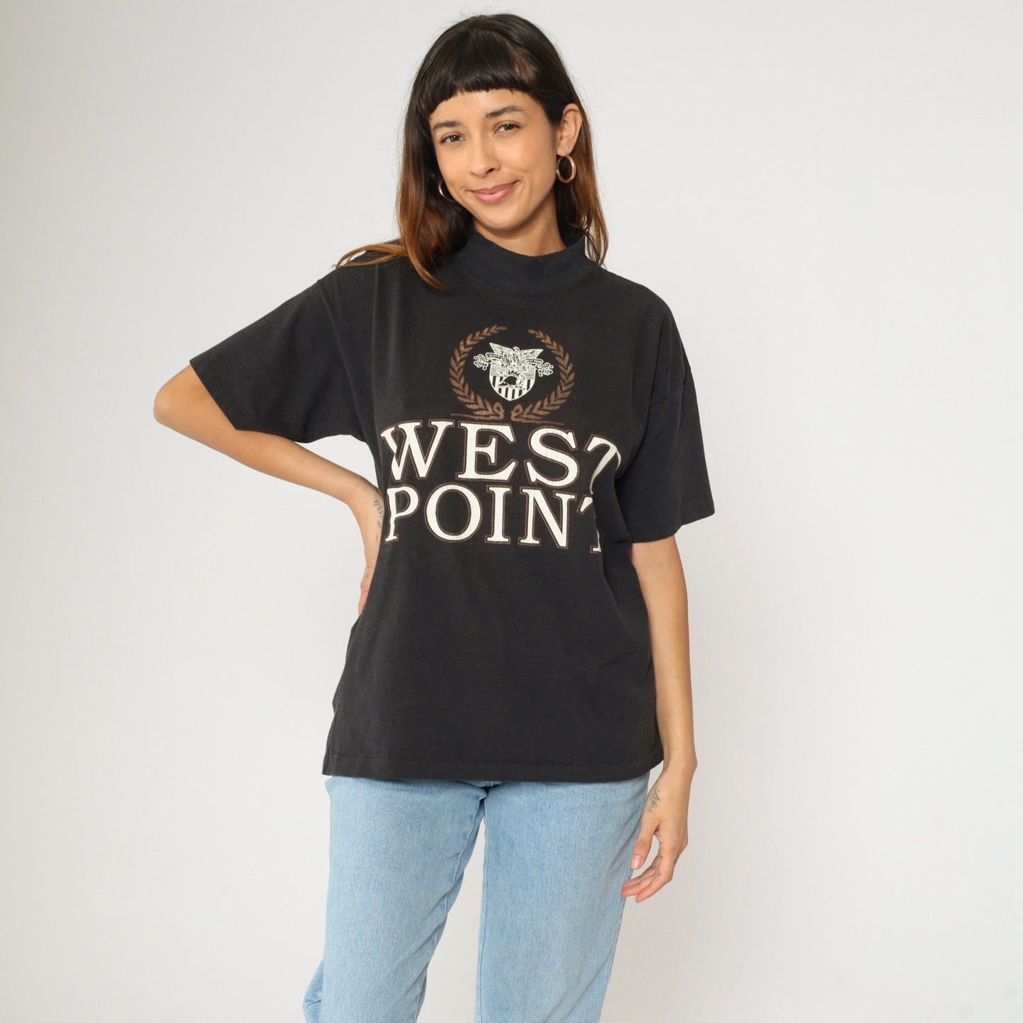 90s West Point Military Academy Black Mock Neck Graphic Tee Medium