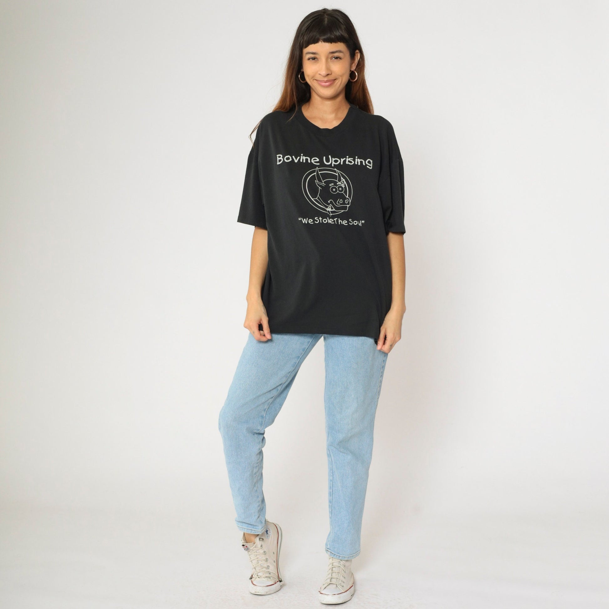 90s Bovine Uprising Graphic T-Shirt Black Cow Punk Tee Extra Large XL