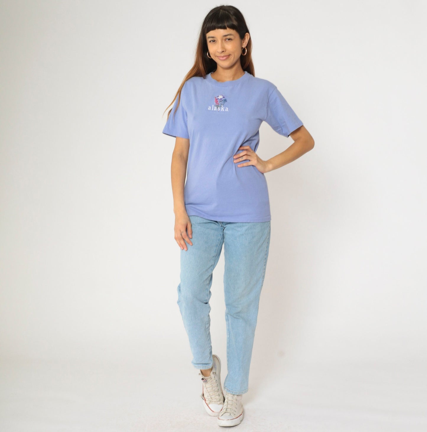90s Alaska Floral Embroidered Periwinkle T-Shirt Cotton Graphic Tee XS