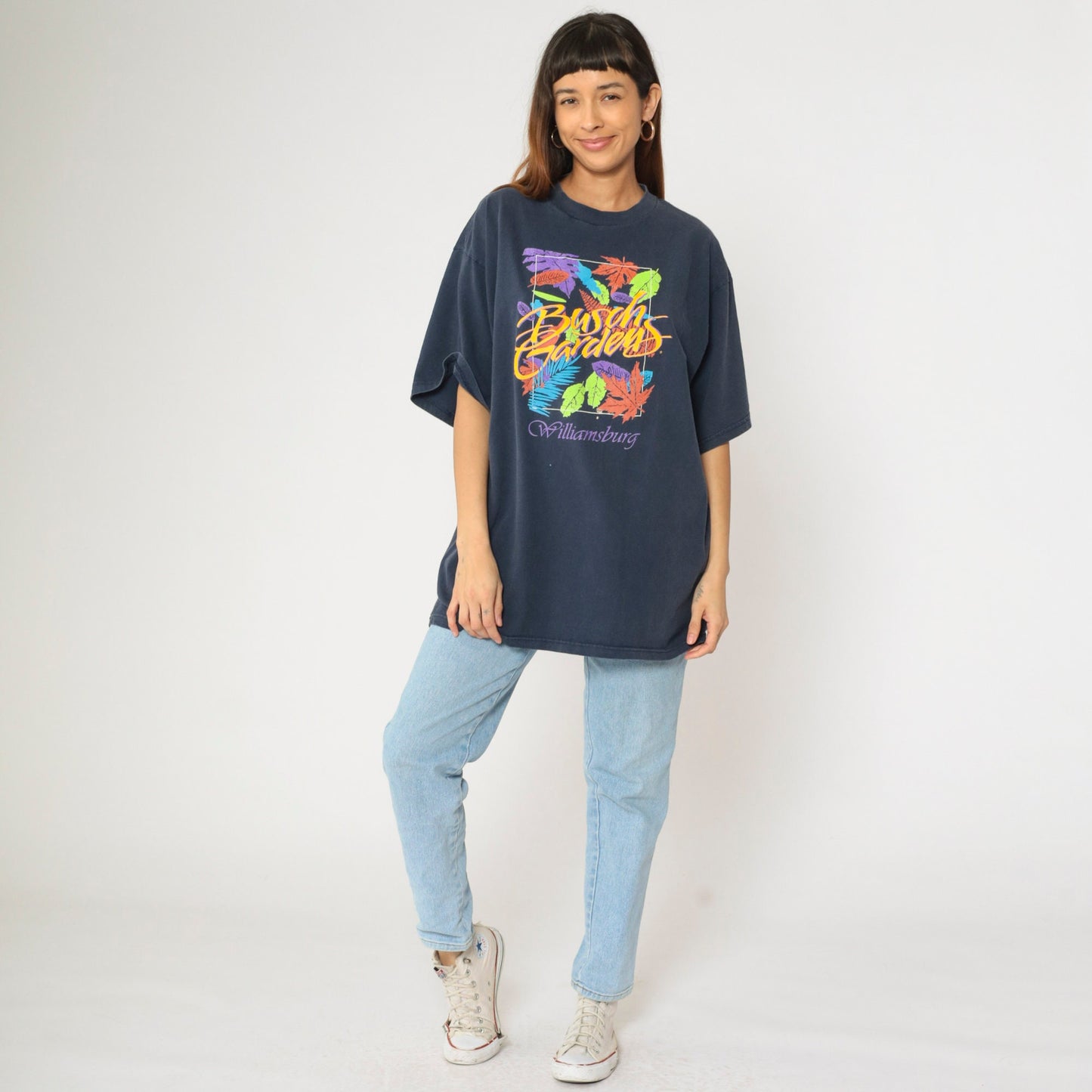 90s Busch Gardens Williamsburg Graphic Tee Navy Leaf Print Extra Large