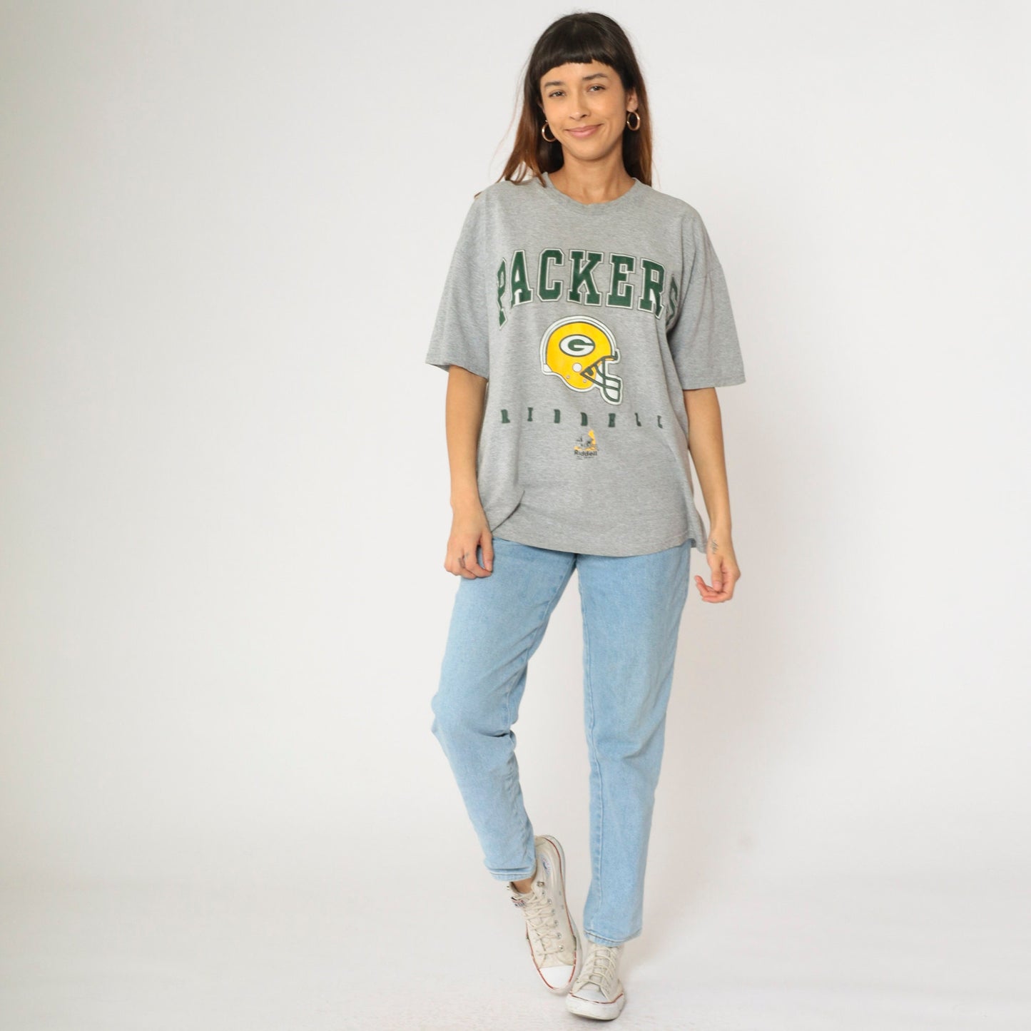 90s Green Bay Packers Riddell NFL Graphic T-Shirt Heather Grey Large L