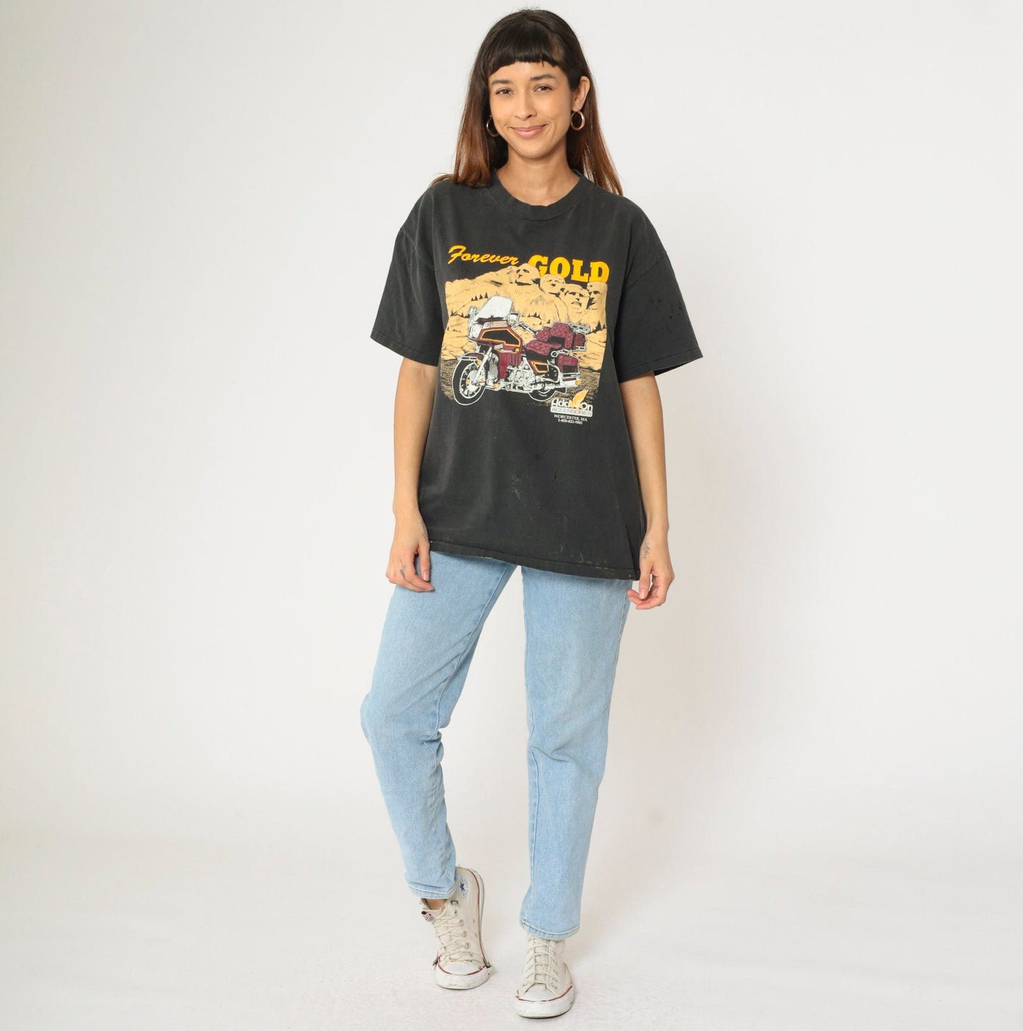90s Mount Rushmore Forever Gold Motorcycle Graphic Tee Black Cotton Extra Large