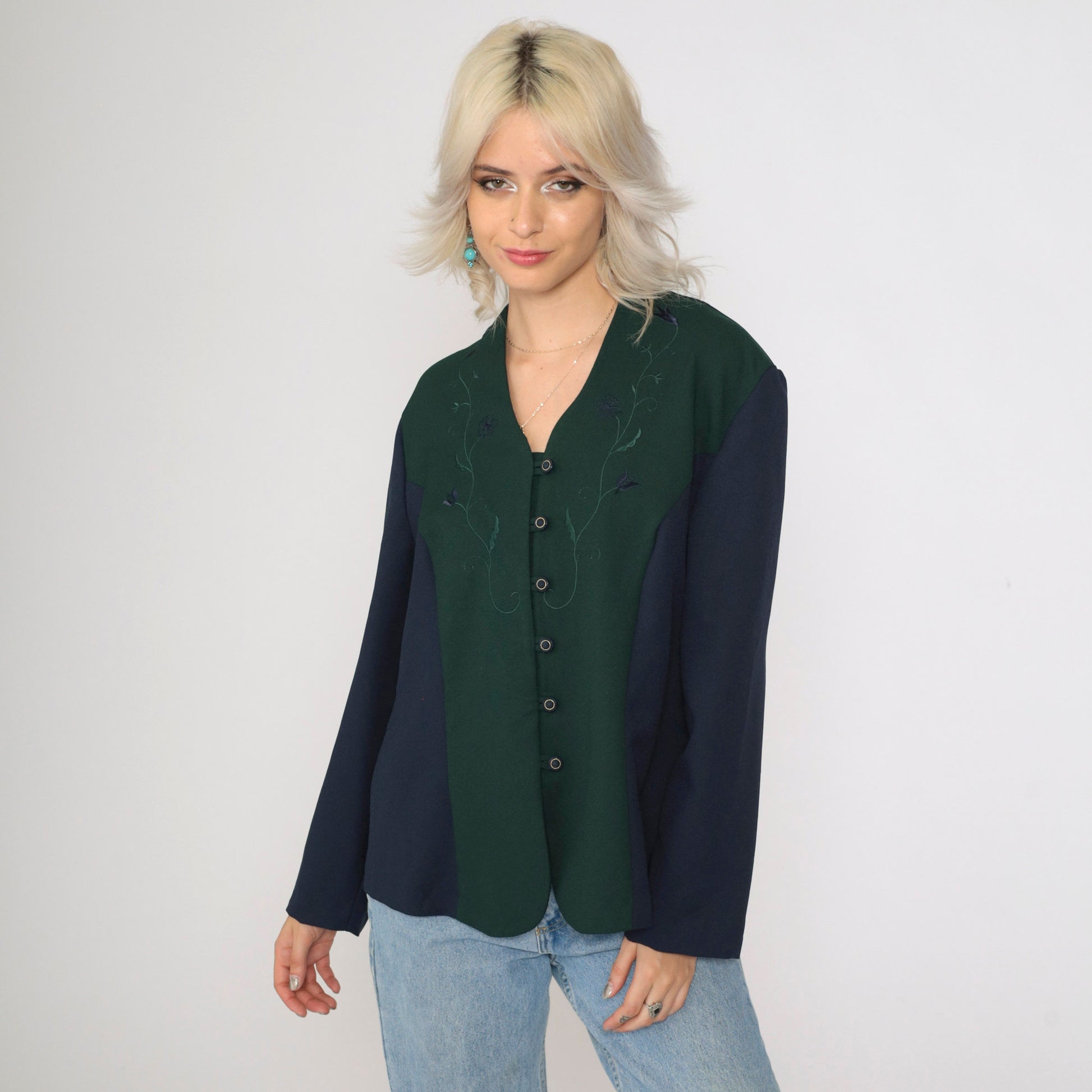 90s Pride & Joy Floral Embroidered Color Block Blouse Green Navy Large Petite