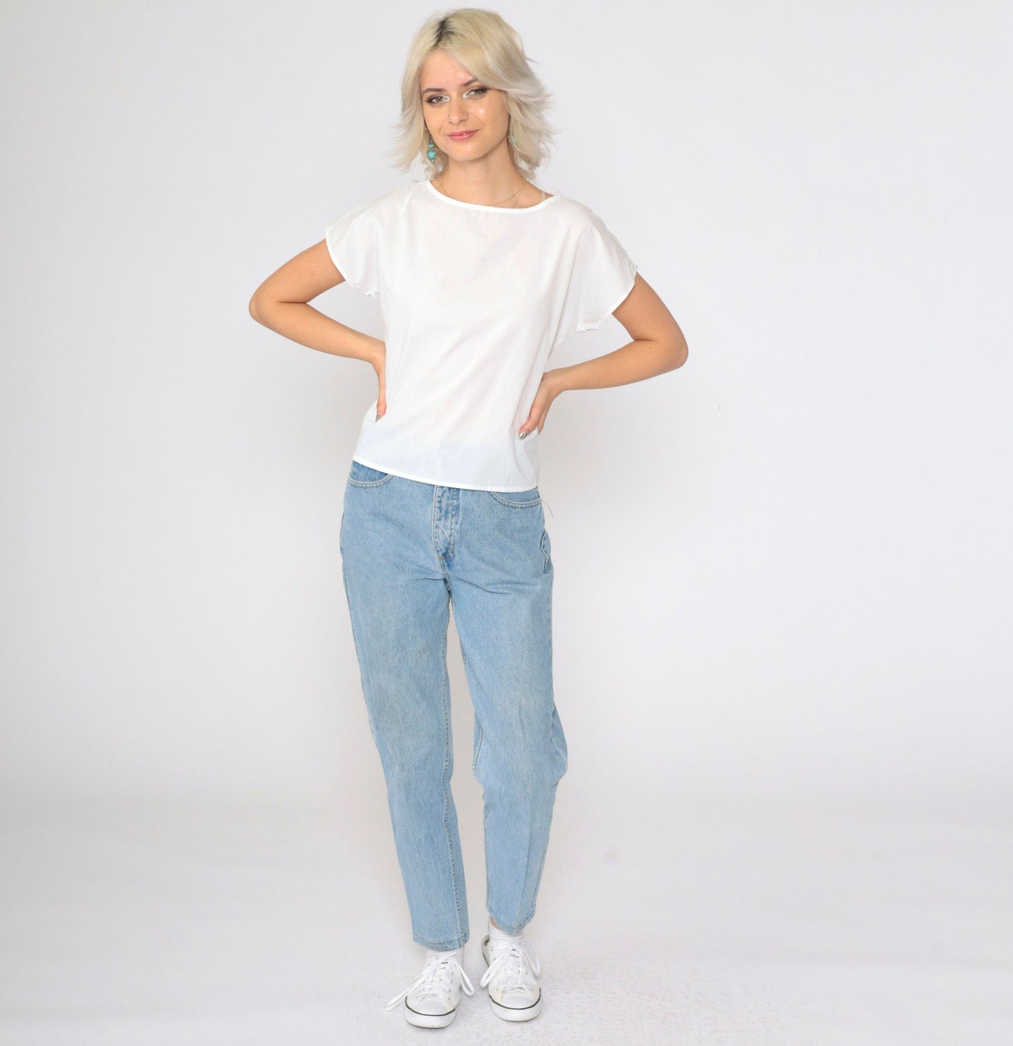 90s White Cap Sleeve Blouse Semi-Sheer Cotton Small