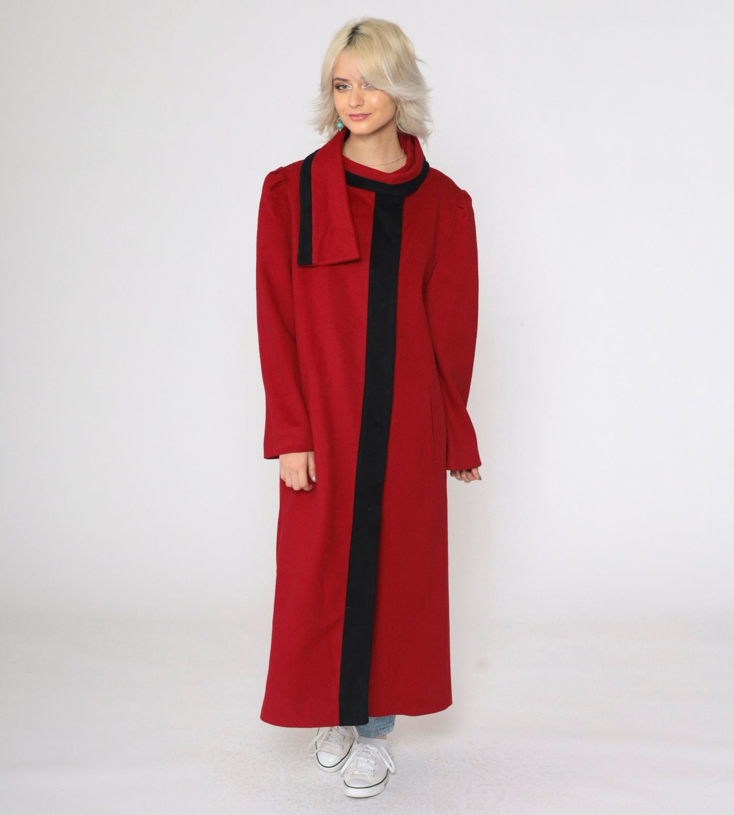 80s Alorna Wool Coat Red Black Trim Long Overcoat Puff Sleeve Medium