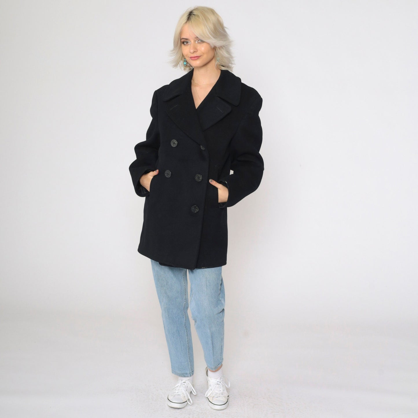 1940s US Navy Pea Coat Wool Double Breasted Black Jacket Medium 36