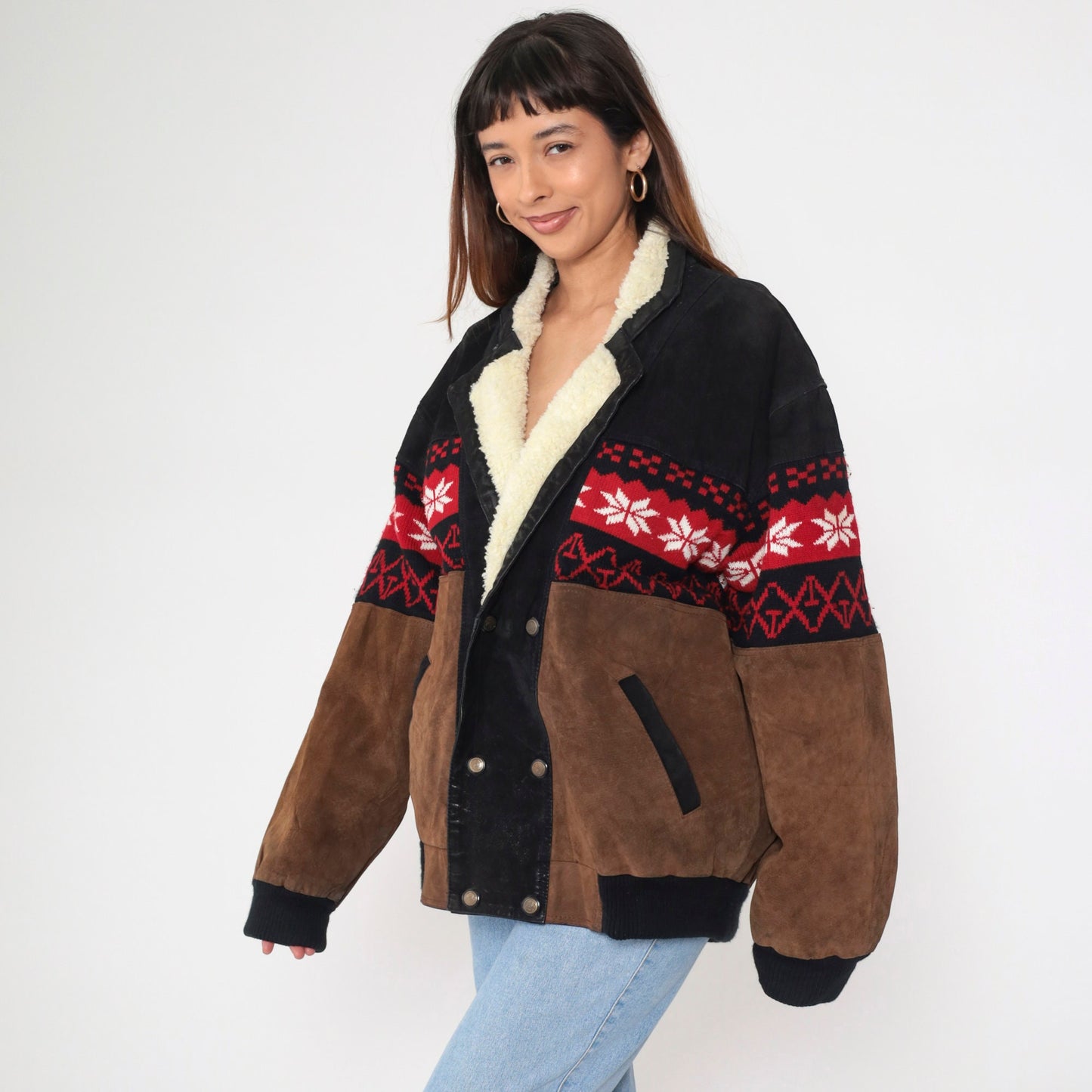 90s Sun & Moon Black Brown Suede Leather Jacket Nordic Snowflake Sherpa Trim Large