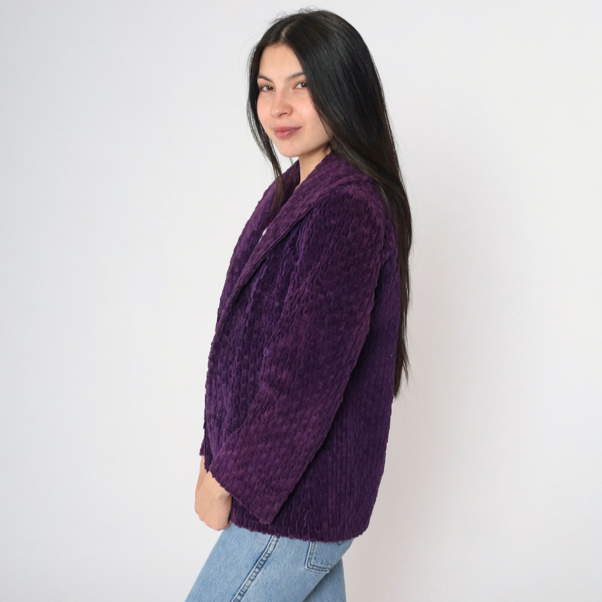 80s Deep Purple Plush Textured Blazer Shawl Collar Open Front Small