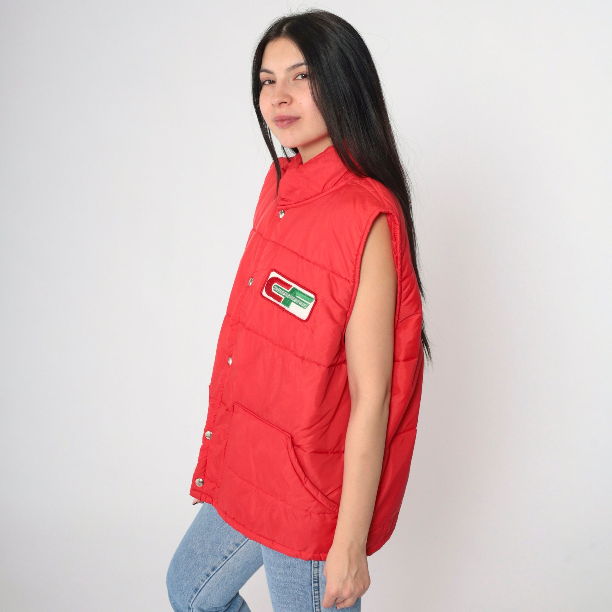 80s Consolidated Freightways Red Puffer Vest Snap Sleeveless Jacket Extra Large