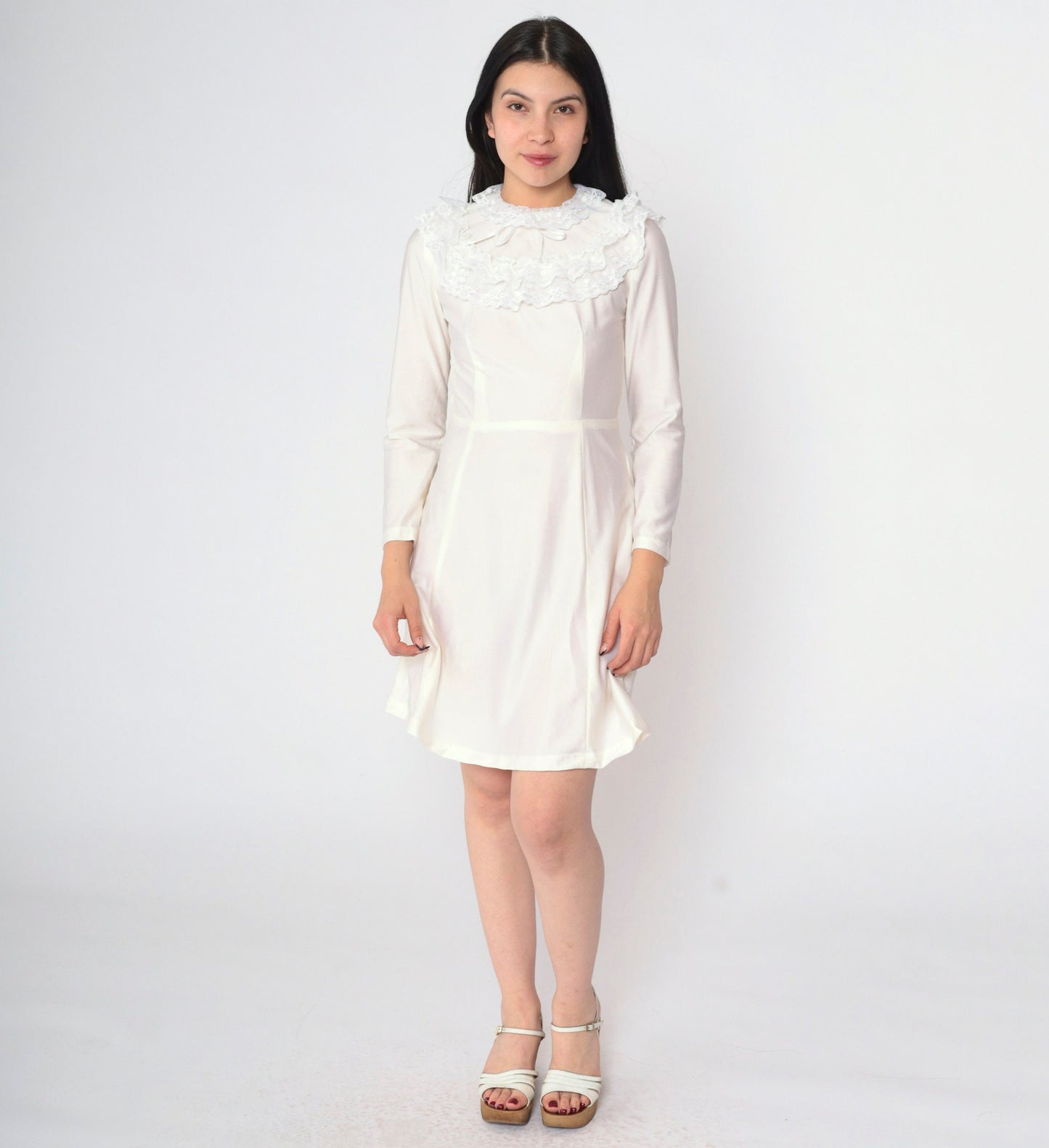 70s White Lace Dress Ruffled Collar Long Sleeve High Waist Mini Extra Small
