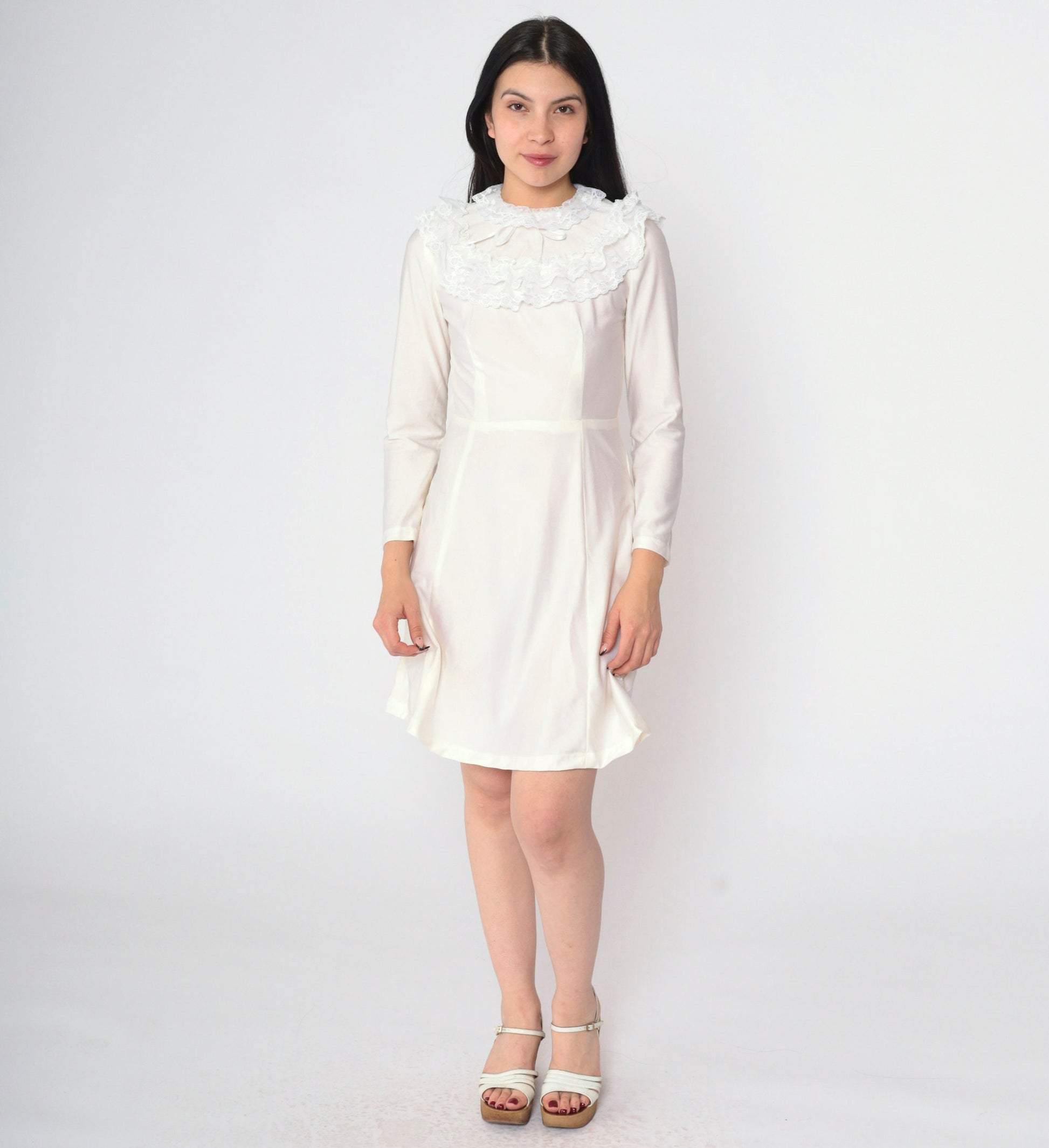 70s White Lace Dress Ruffled Collar Long Sleeve High Waist Mini Extra Small