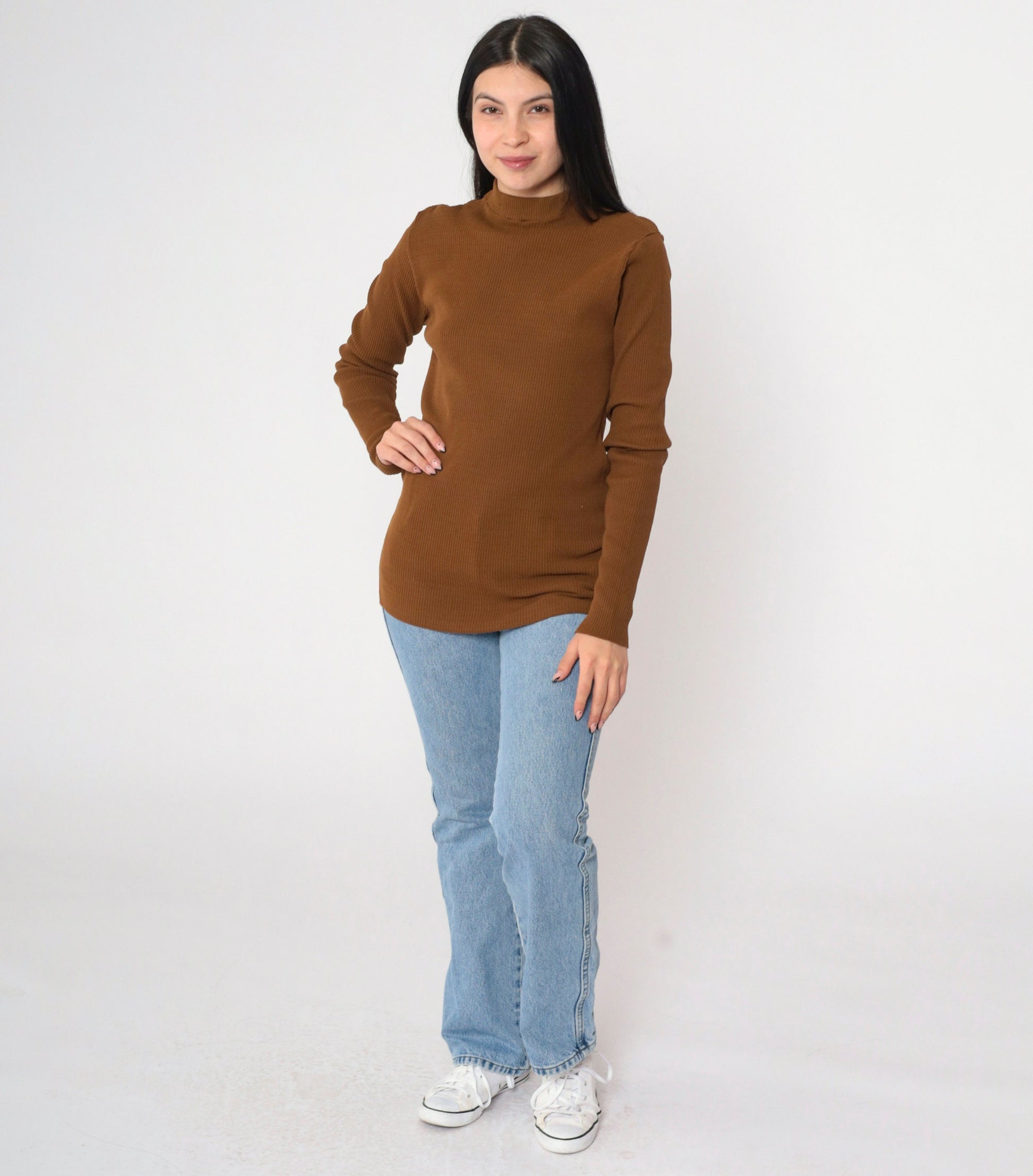 90s Brown Ribbed Knit Mock Neck Long Sleeve Top Small Medium