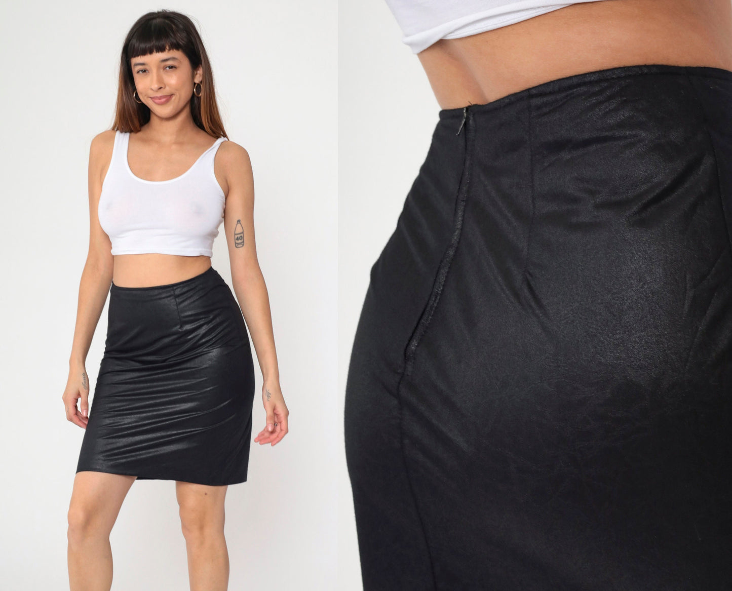 90s Black Pleather Mini Pencil Skirt High Waist Rear Zip Small