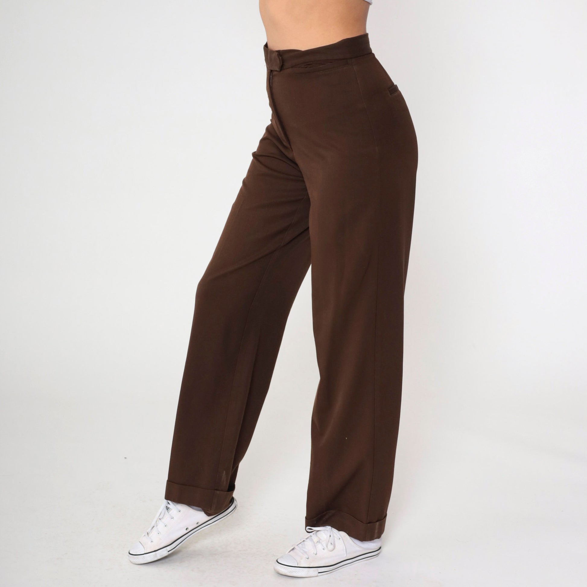 00s Liz Claiborne Brown High-Waisted Cuffed Straight Trousers Small 4
