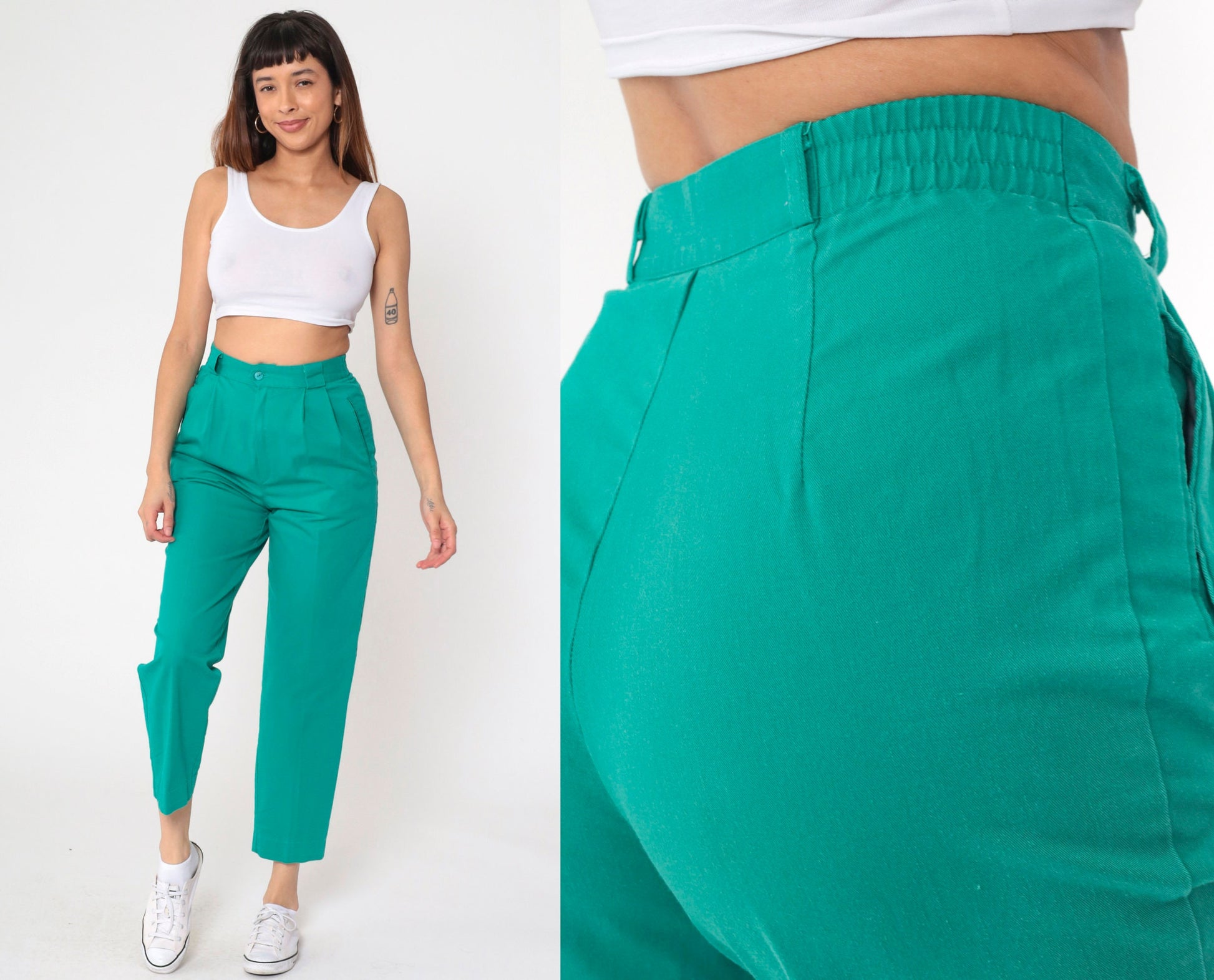 80s Green Pleated High-Rise Trousers Elastic Waist Tapered Small