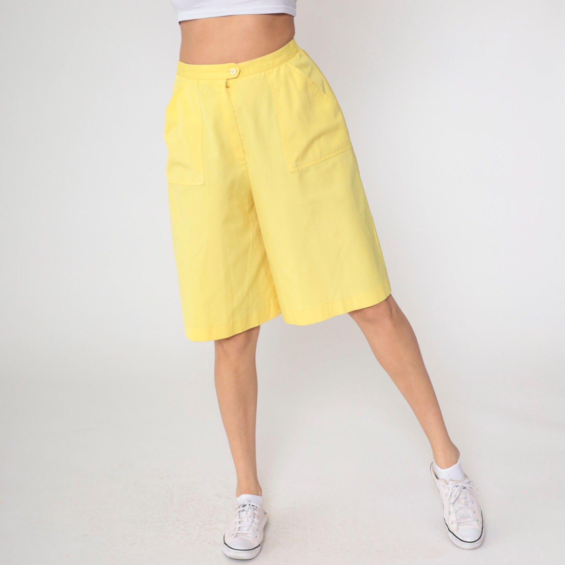 80s Koret Yellow High-Waisted Bermuda Shorts Patch Pocket Small Medium