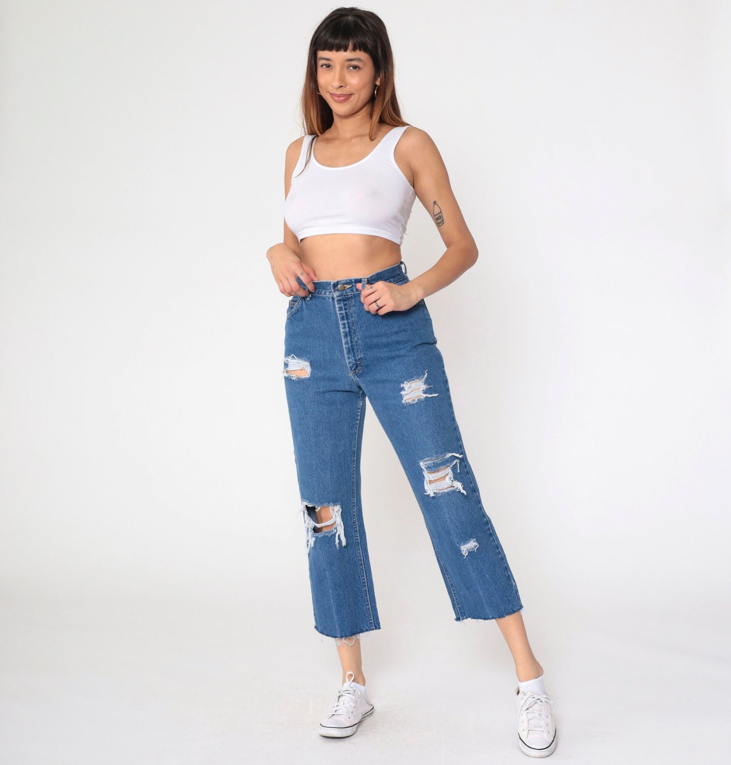 90s Lee High Rise Straight Leg Ripped Blue Denim Jeans Small 28