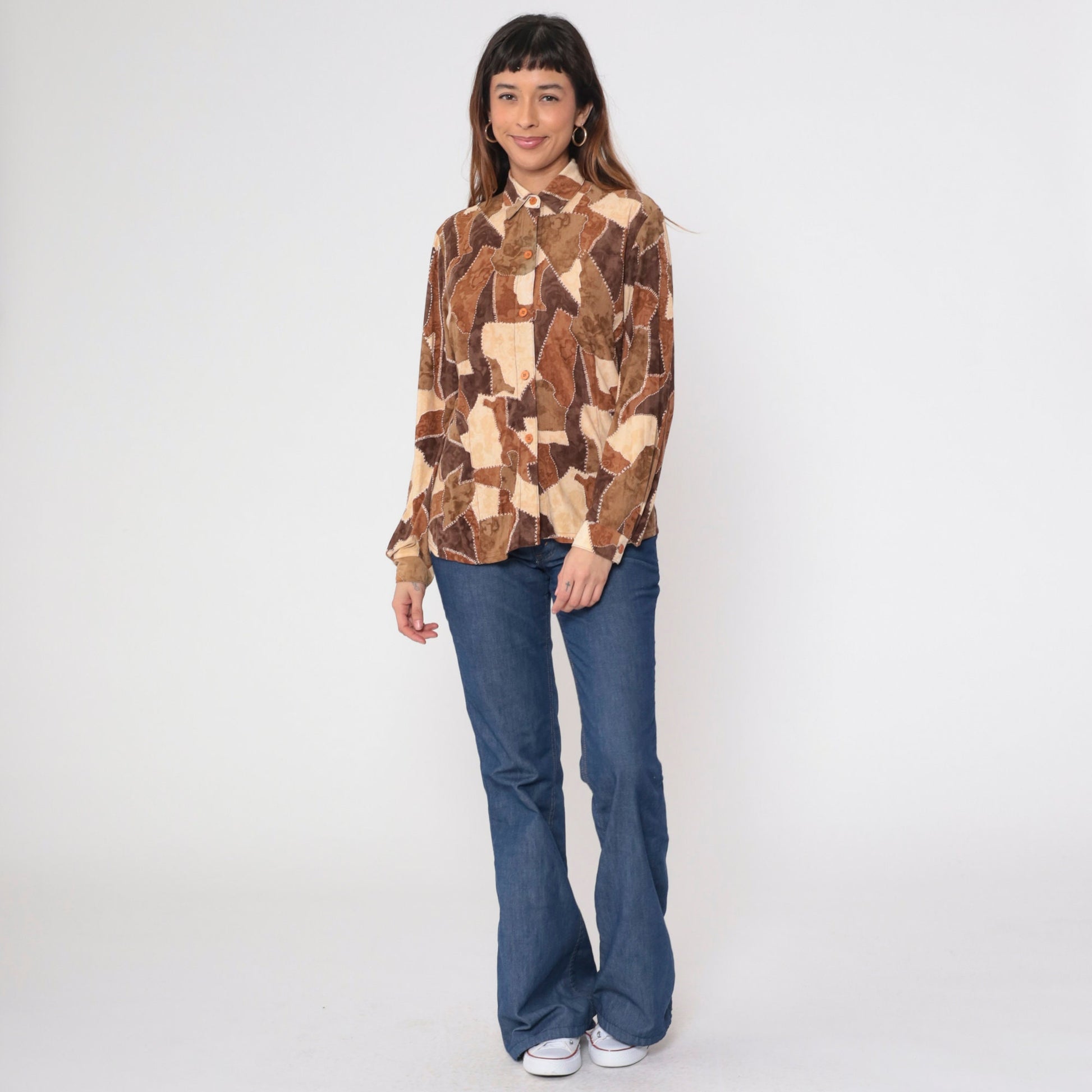 90s Brown Patchwork Button-Up Blouse Long Sleeve Collared Shirt Small S