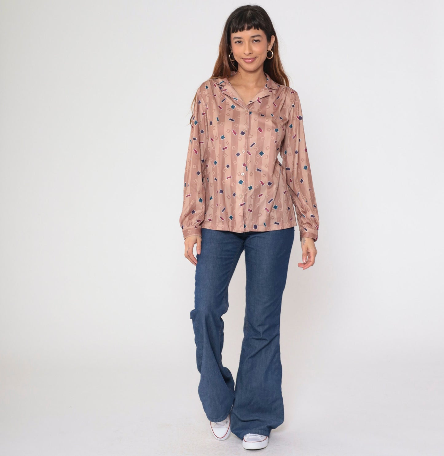 70s Confetti Geometric Striped Button-Up Blouse Dusty Rose Taupe Large L