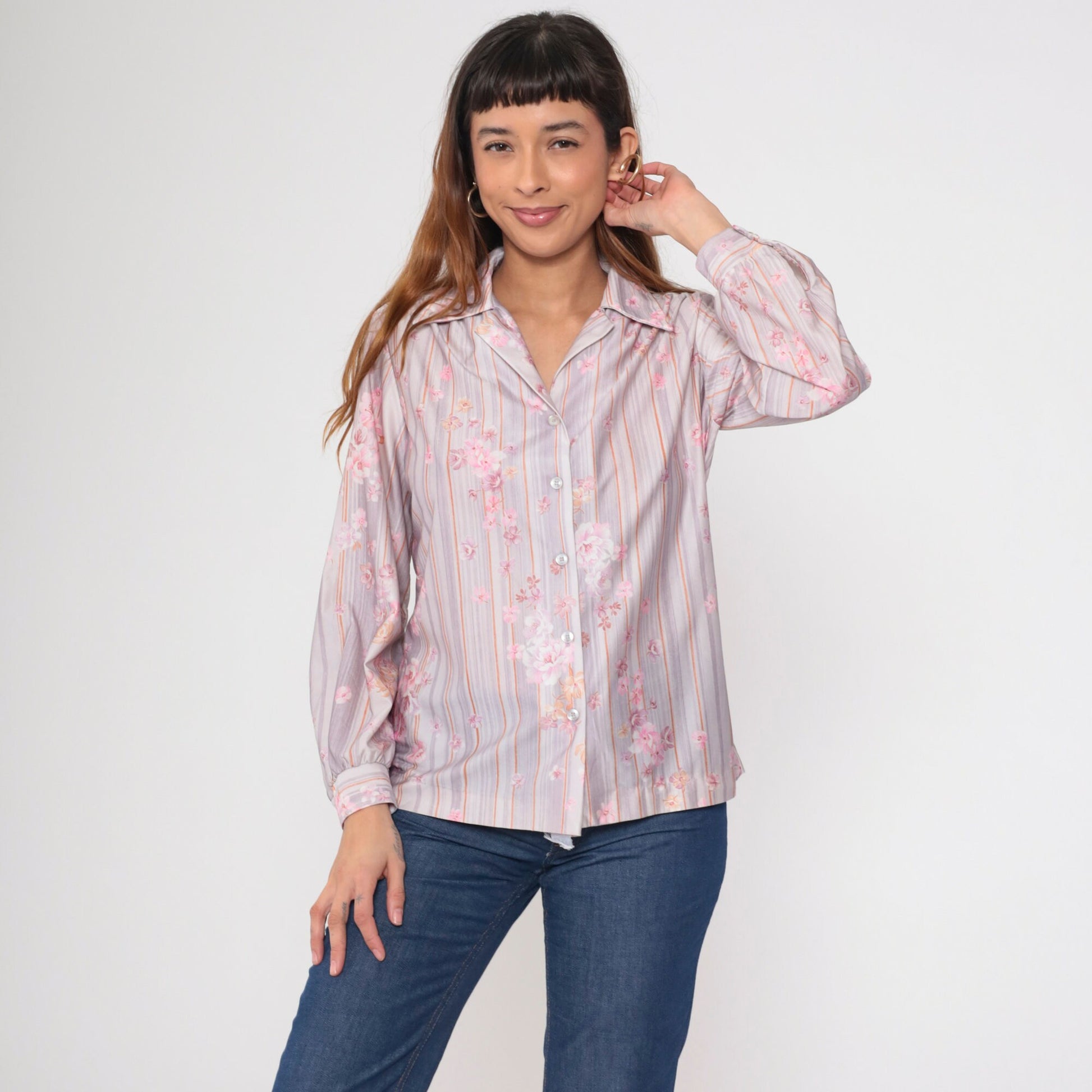 70s Striped Floral Button-Up Blouse Pink Lavender Long Sleeve Shirt Medium Large