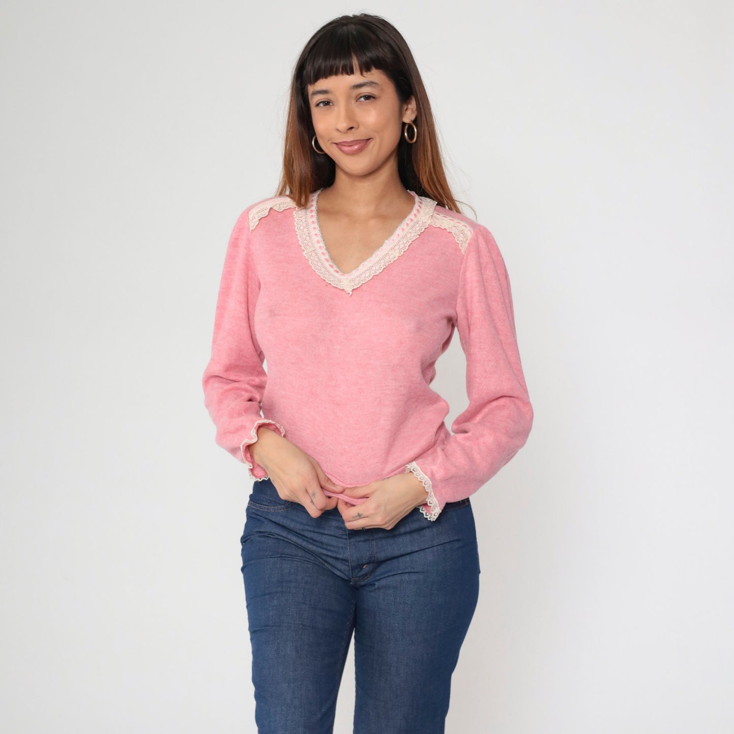 80s Pink Lace Trim V-Neck Sweater Top Long Sleeve Knit Blouse Small