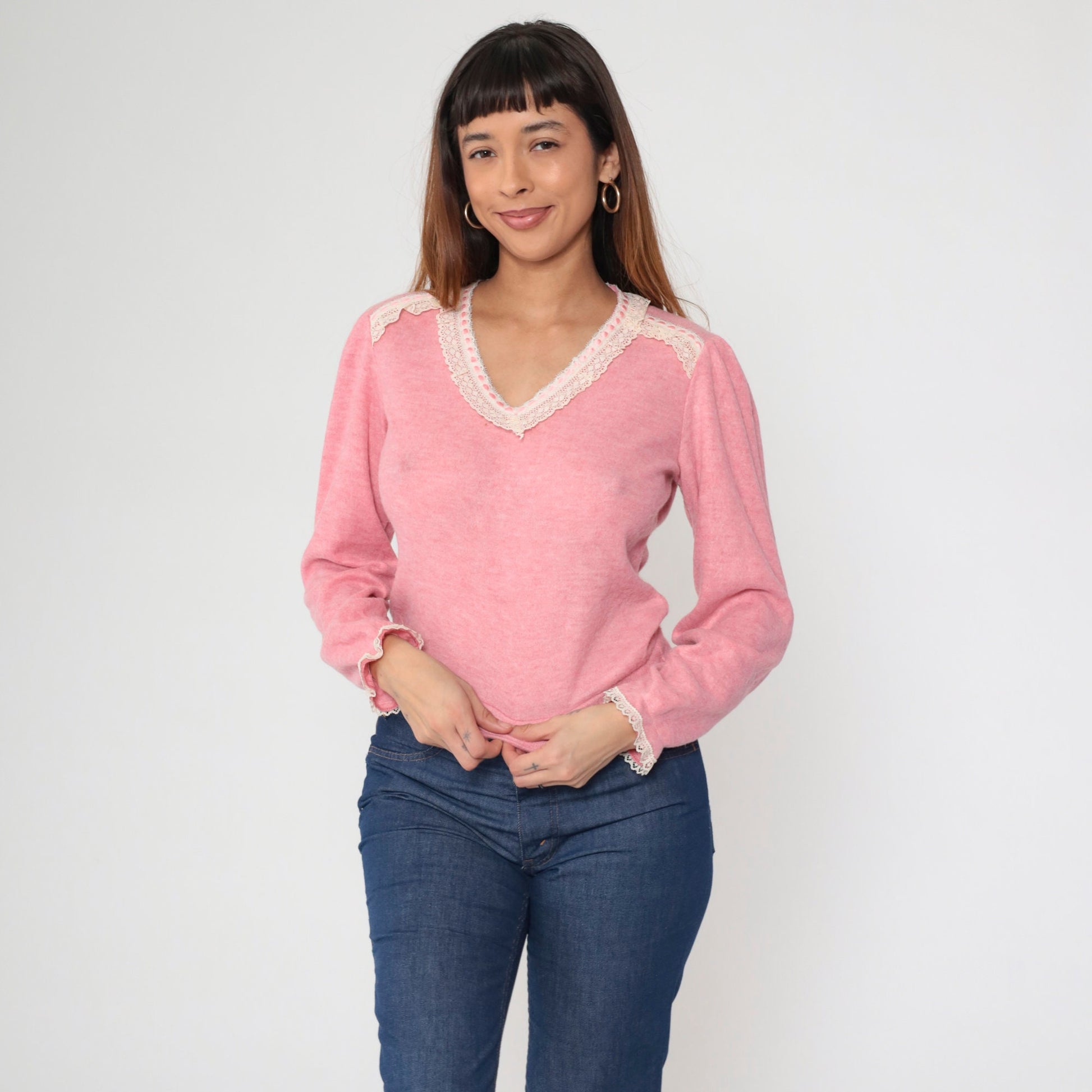 80s Pink Lace Trim V-Neck Sweater Top Long Sleeve Knit Blouse Small
