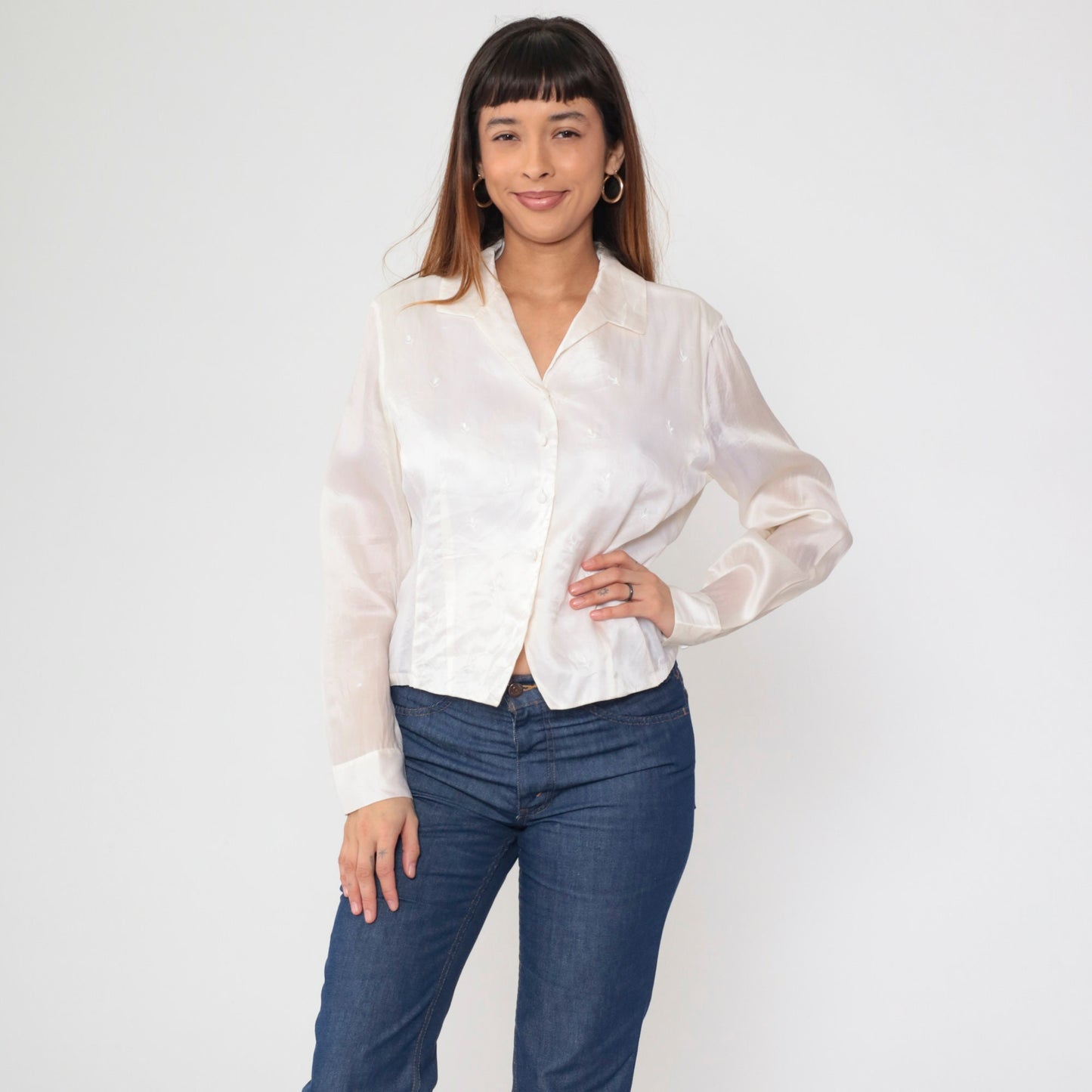 90s Rena Rowan Silk Satin Blouse Floral Embroidered Button Up White Large