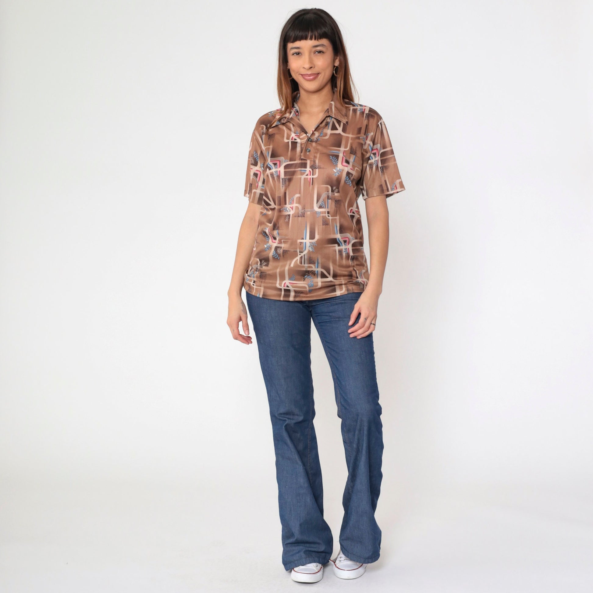 70s Geometric Psychedelic Polo Shirt Brown Dagger Collar Men's Medium Large