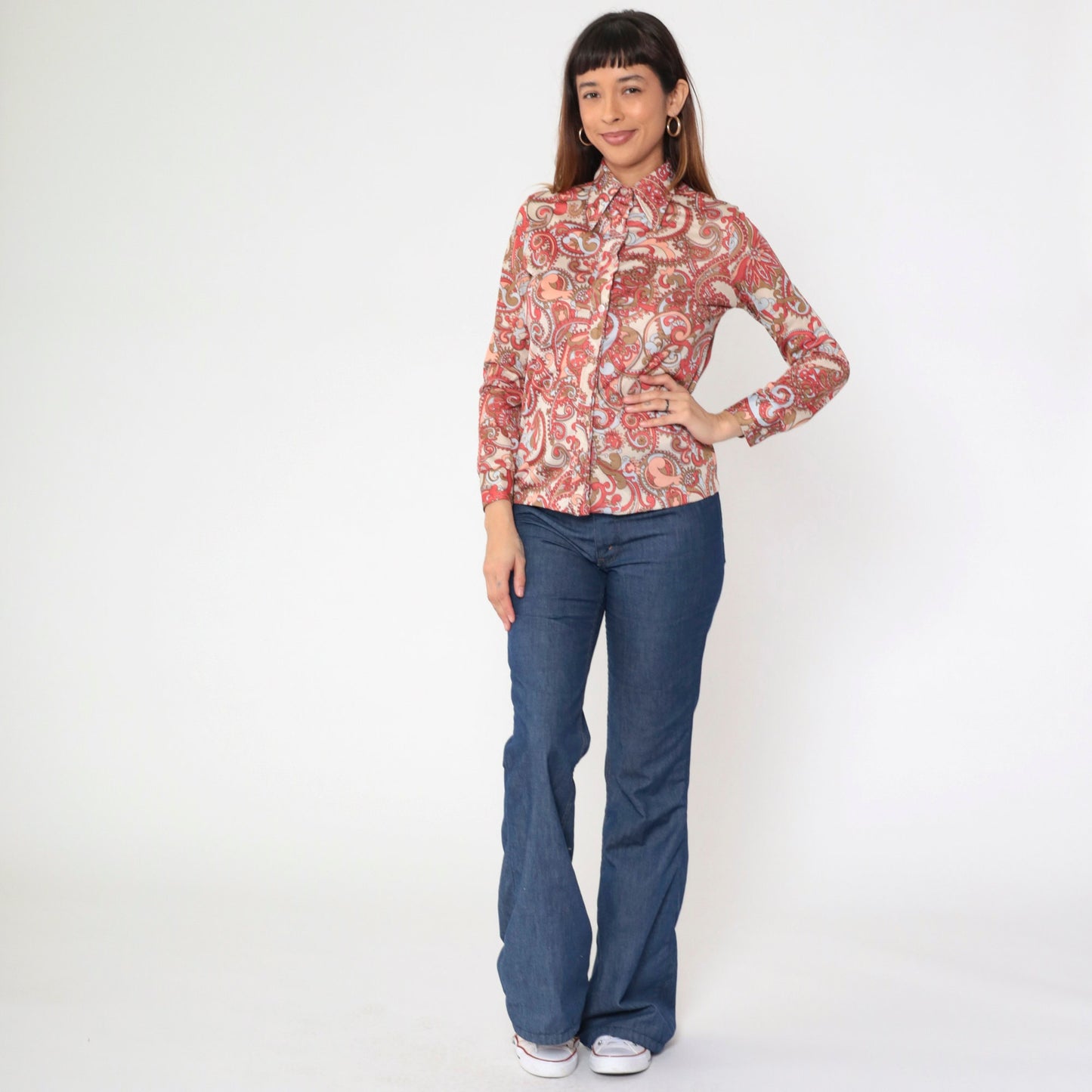 70s Paisley Dagger Collar Blouse Cream Coral Long Sleeve Button Up Small