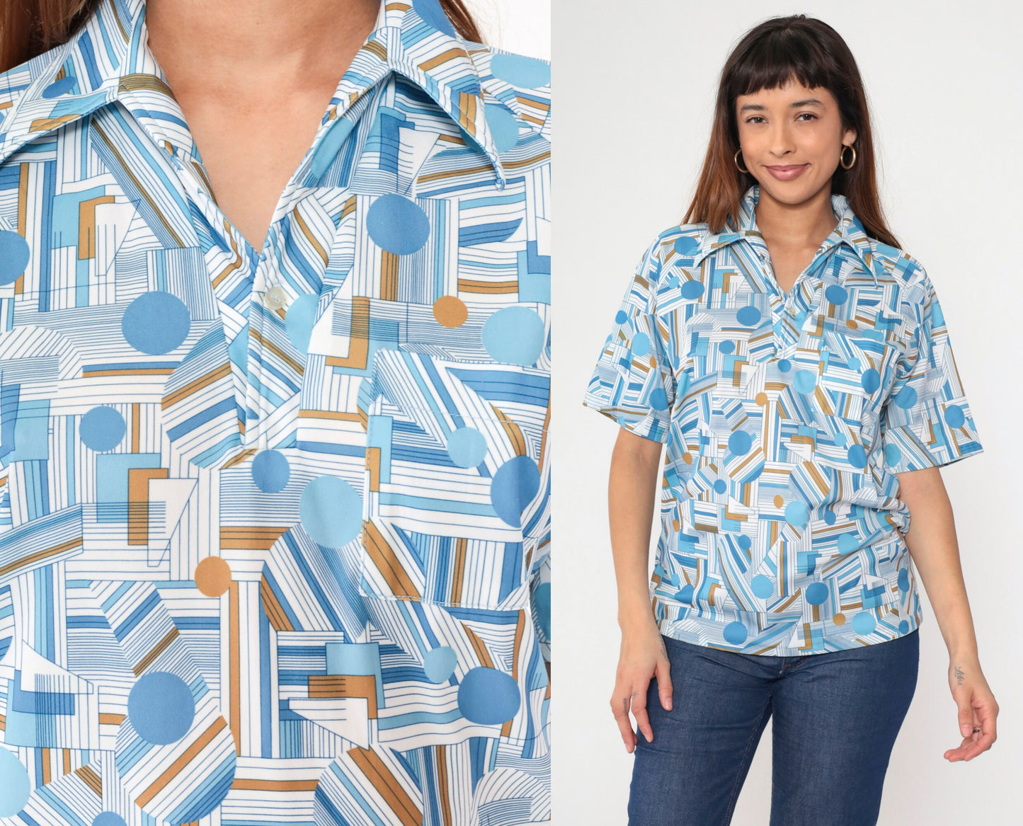 70s Lily Daché Psychedelic Geometric Dagger Collar Shirt Blue Medium