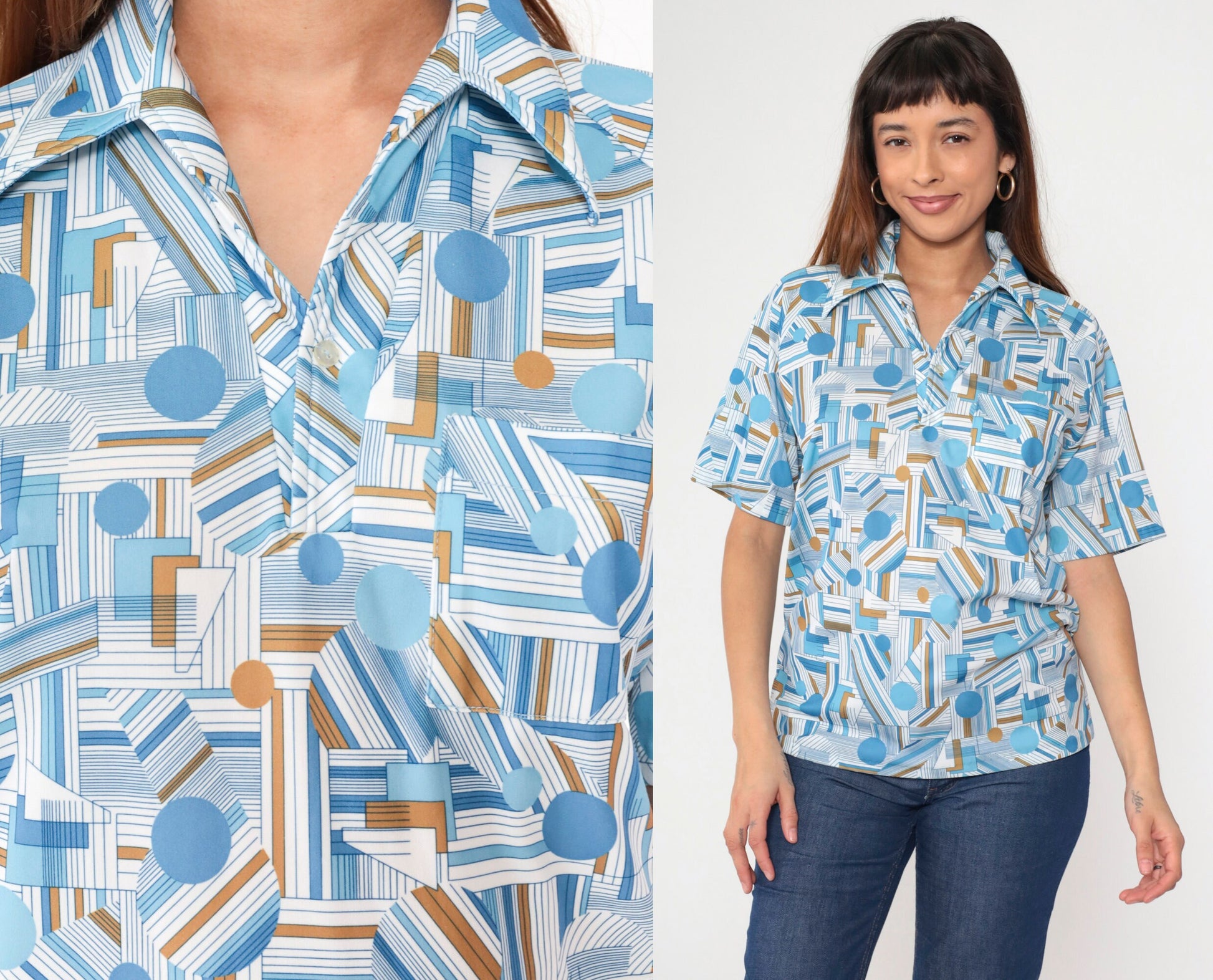 70s Lily Daché Psychedelic Geometric Dagger Collar Shirt Blue Medium
