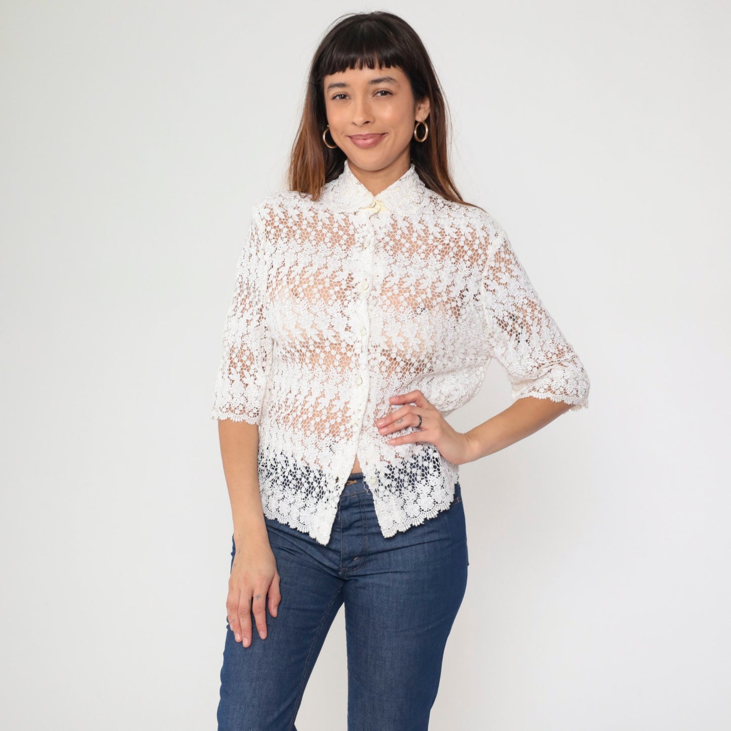 80s White Lace Blouse Peter Pan Collar Button-Up 3/4 Sleeve Small