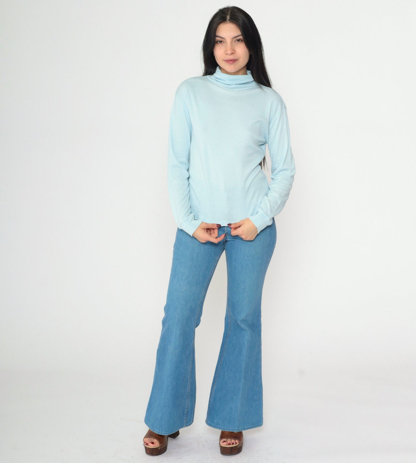 90s Baby Blue Turtleneck Long Sleeve Shirt Plain Vintage Medium