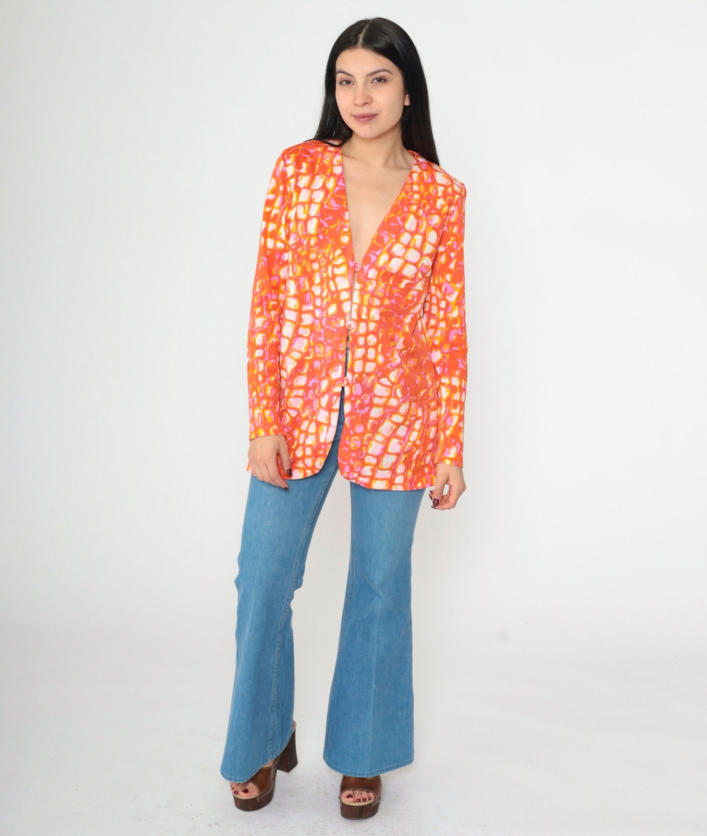 70s Cole of California Psychedelic Geometric Blazer V-Neck Orange Pink Medium