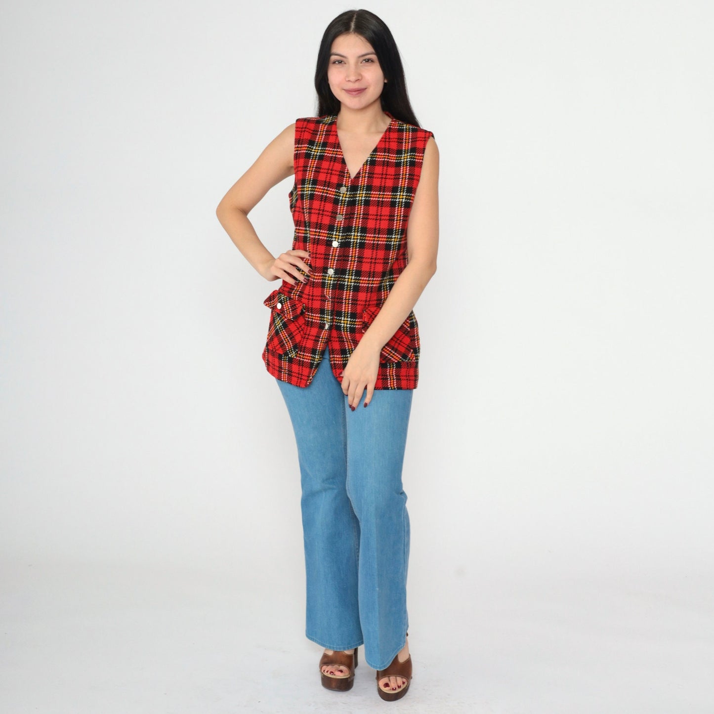 1960s Red Black Plaid Button Vest V-Neck Sleeveless Tartan Small