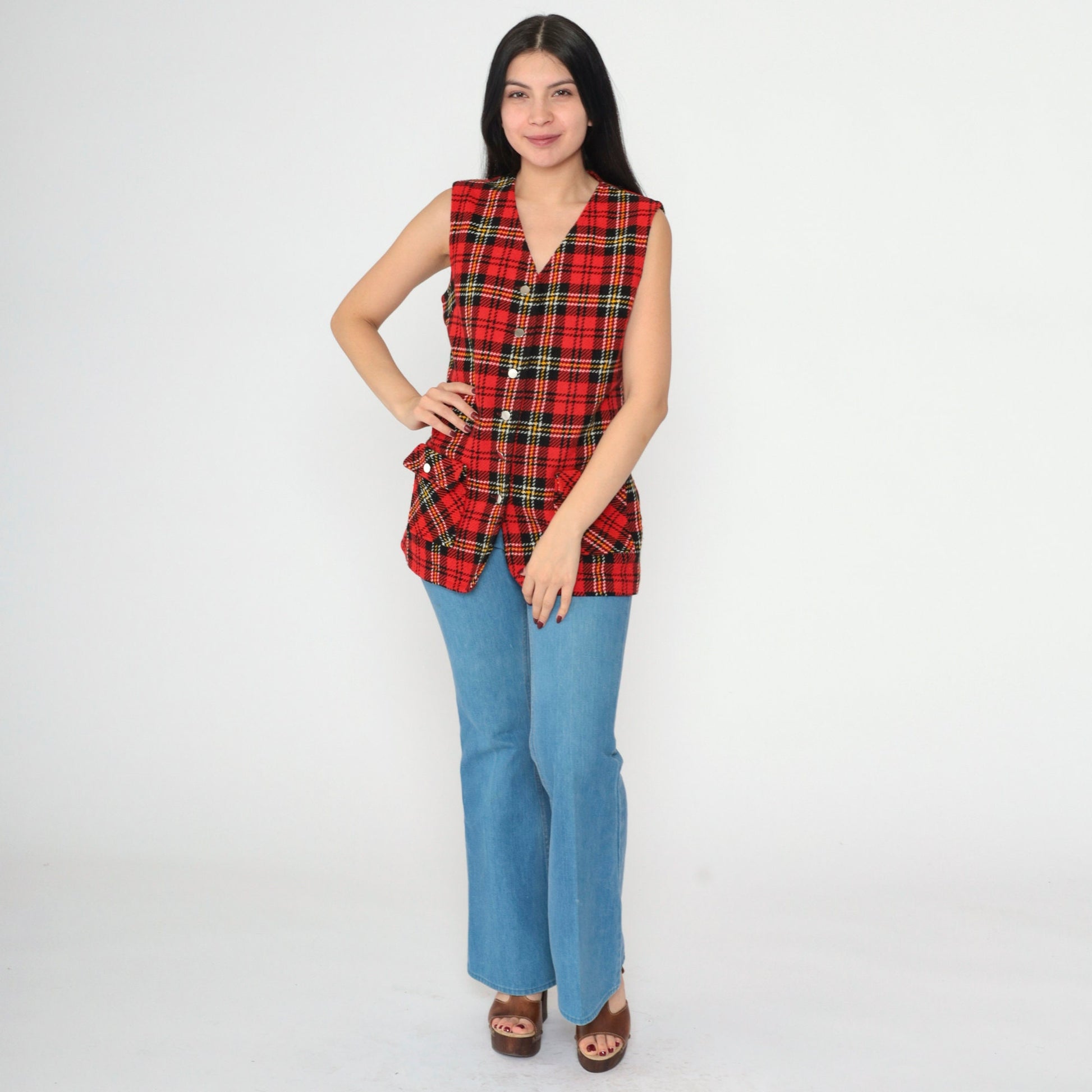 1960s Red Black Plaid Button Vest V-Neck Sleeveless Tartan Small
