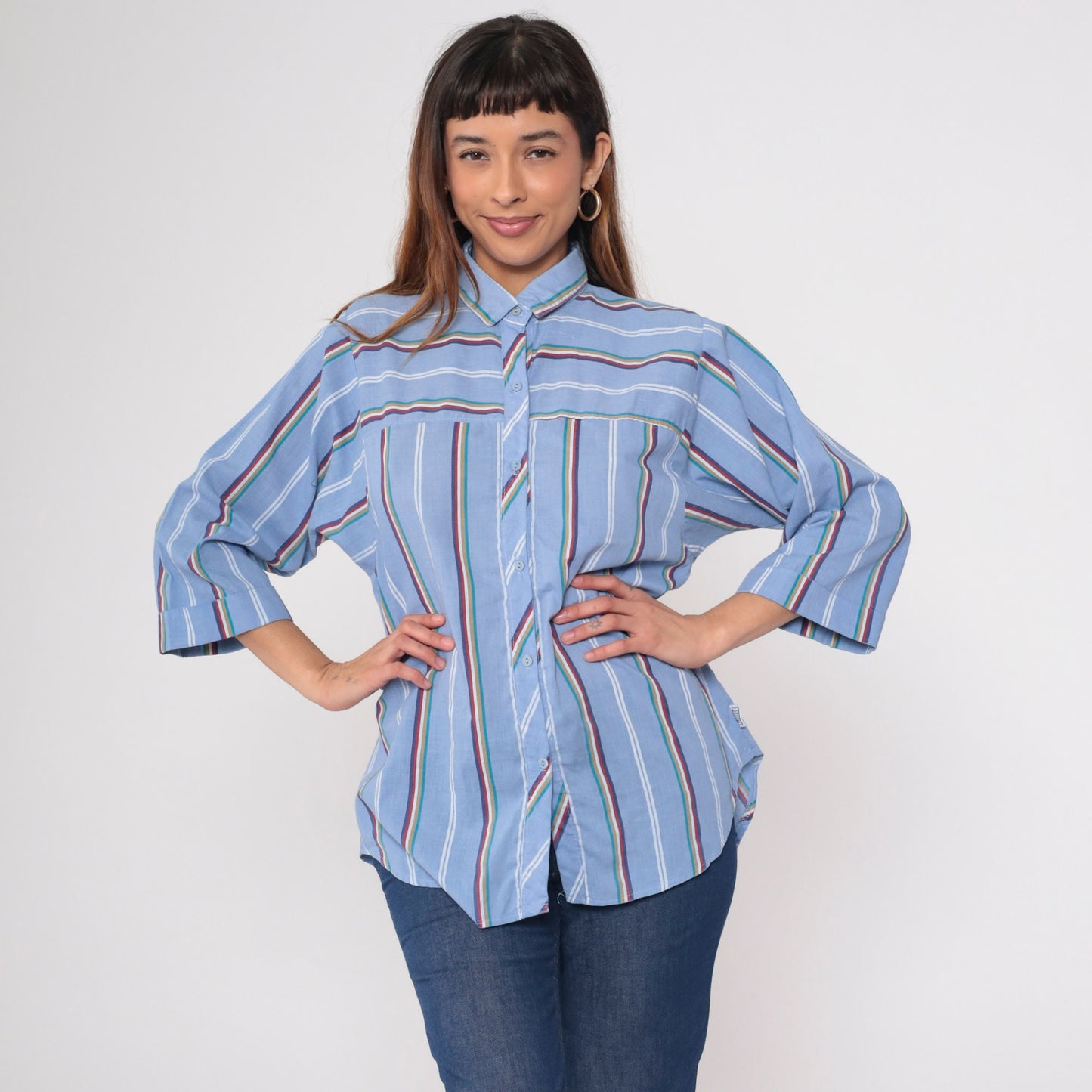 80s Blue Striped Button Up Shirt Multicolored 3/4 Sleeve Blouse Medium Large