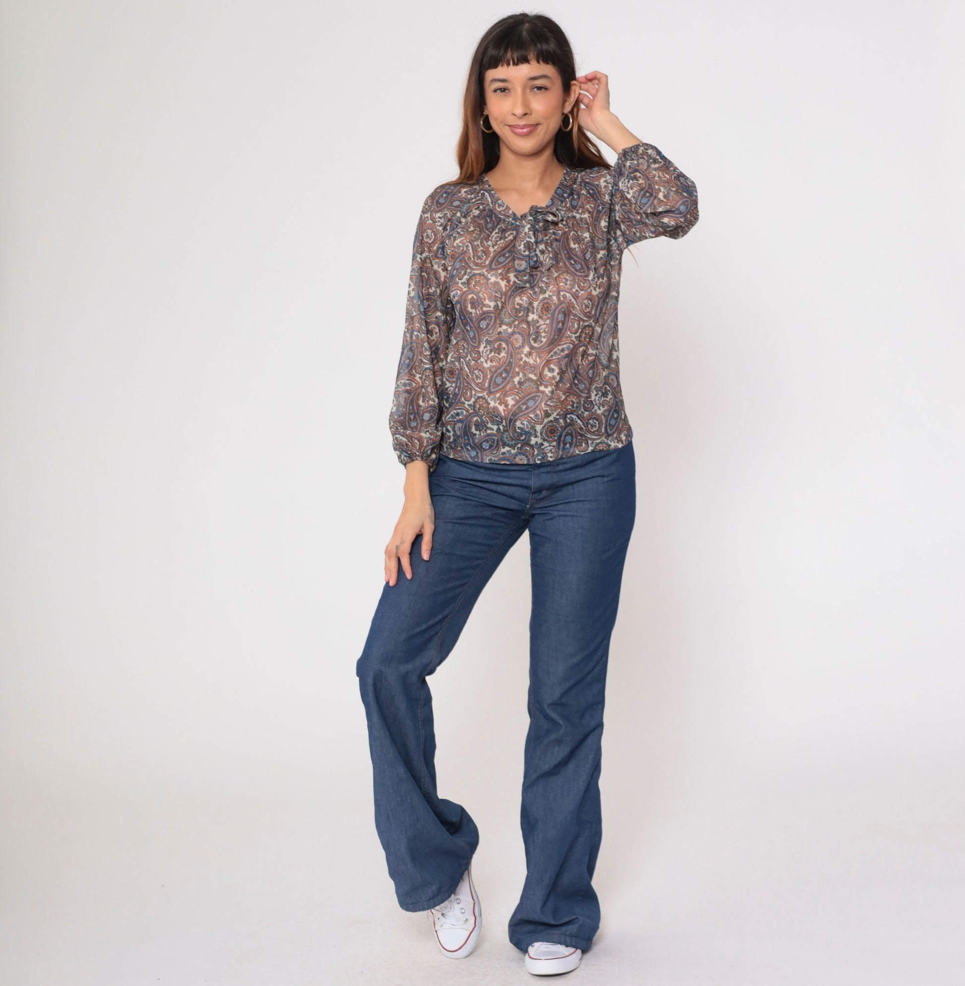 70s Paisley Tie Neck Blouse Sheer Psychedelic Print Orange Blue Small