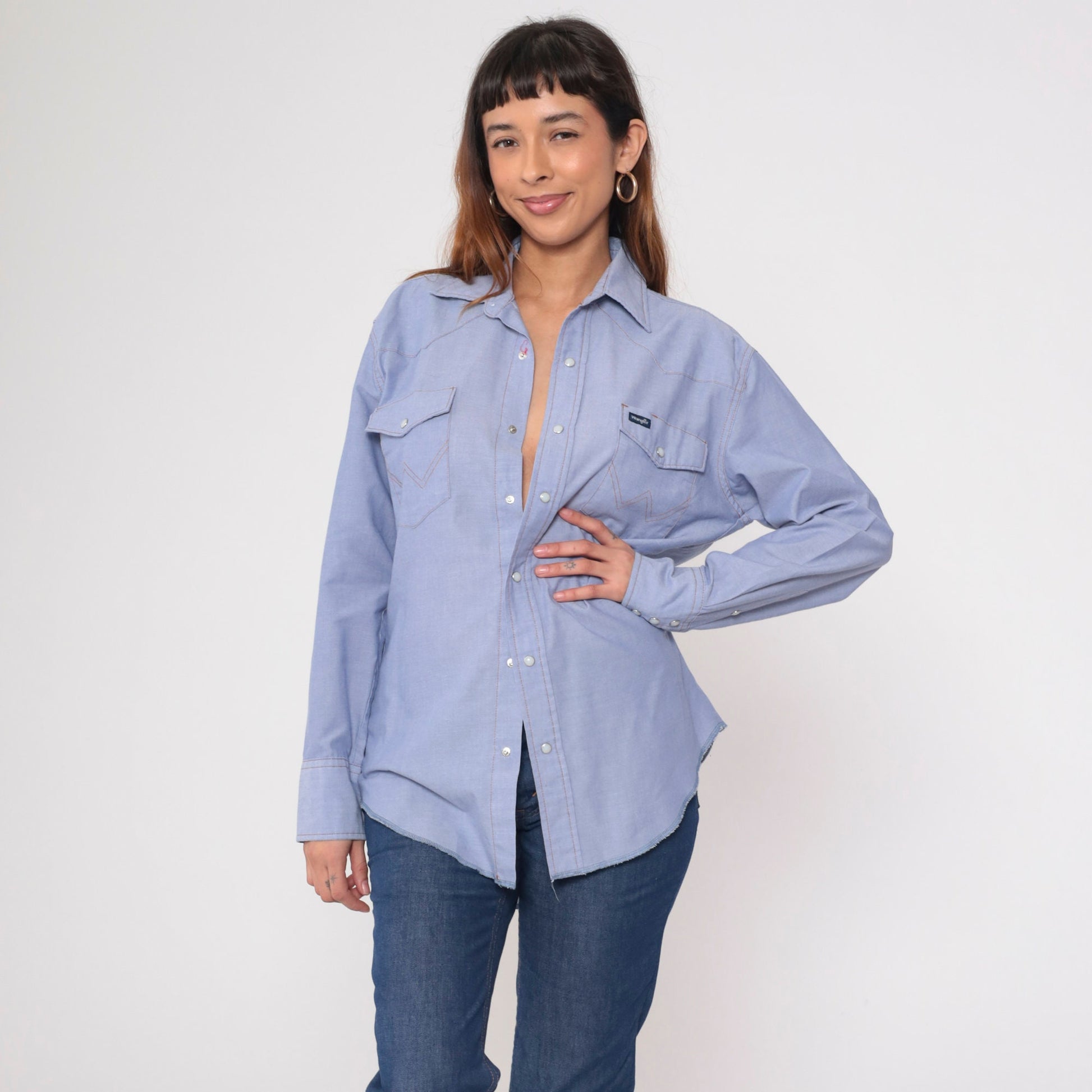 90s Wrangler Chambray Pearl Snap Shirt Blue Denim Long Sleeve Medium
