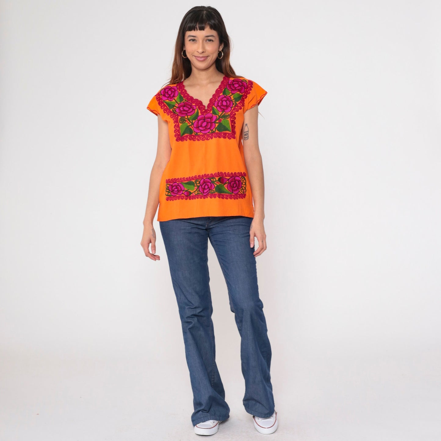 90s Orange Floral Mexican Embroidered Blouse Short Sleeve Cotton Tunic Medium