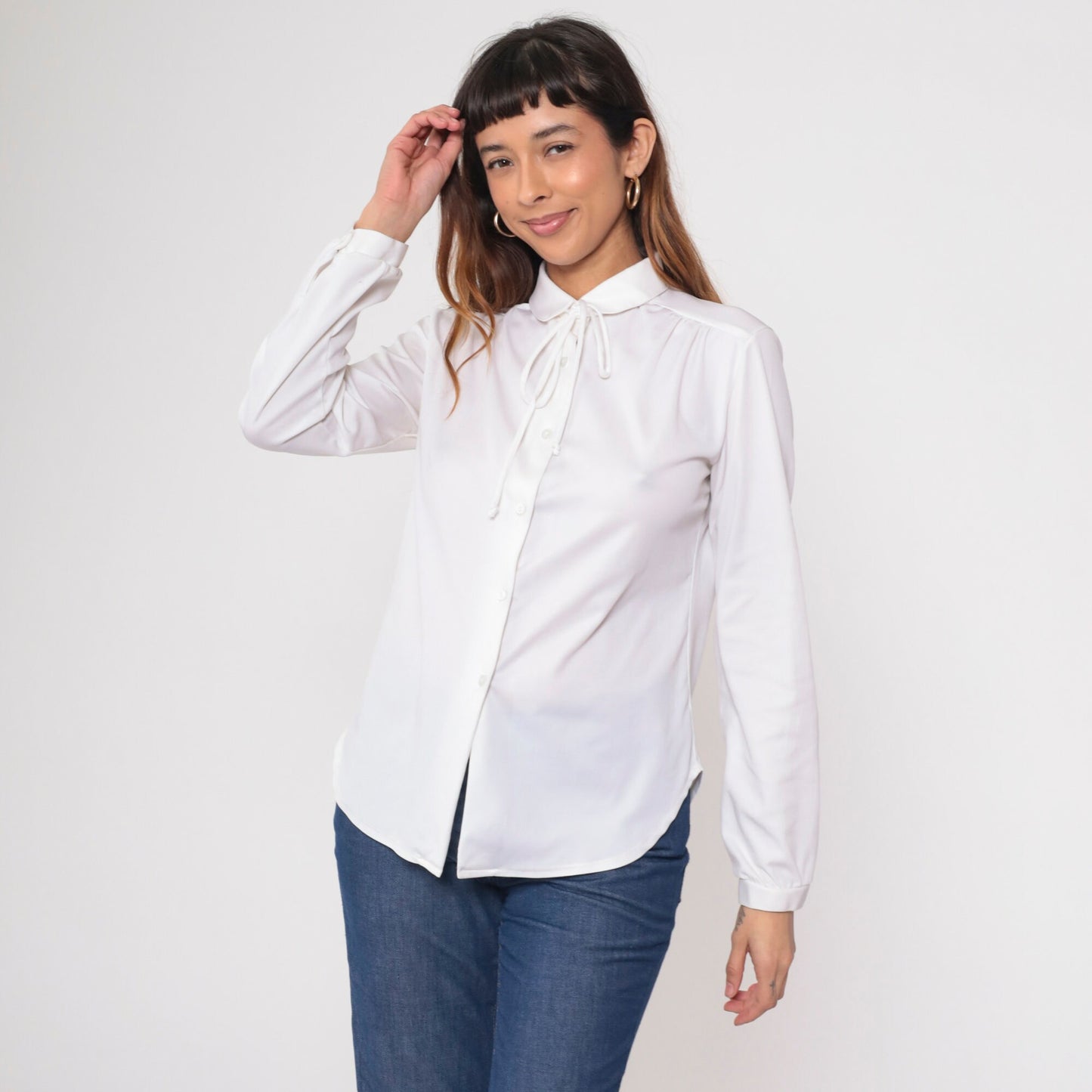 70s White Necktie Blouse Button-Up Long Sleeve Ascot Shirt Medium Large