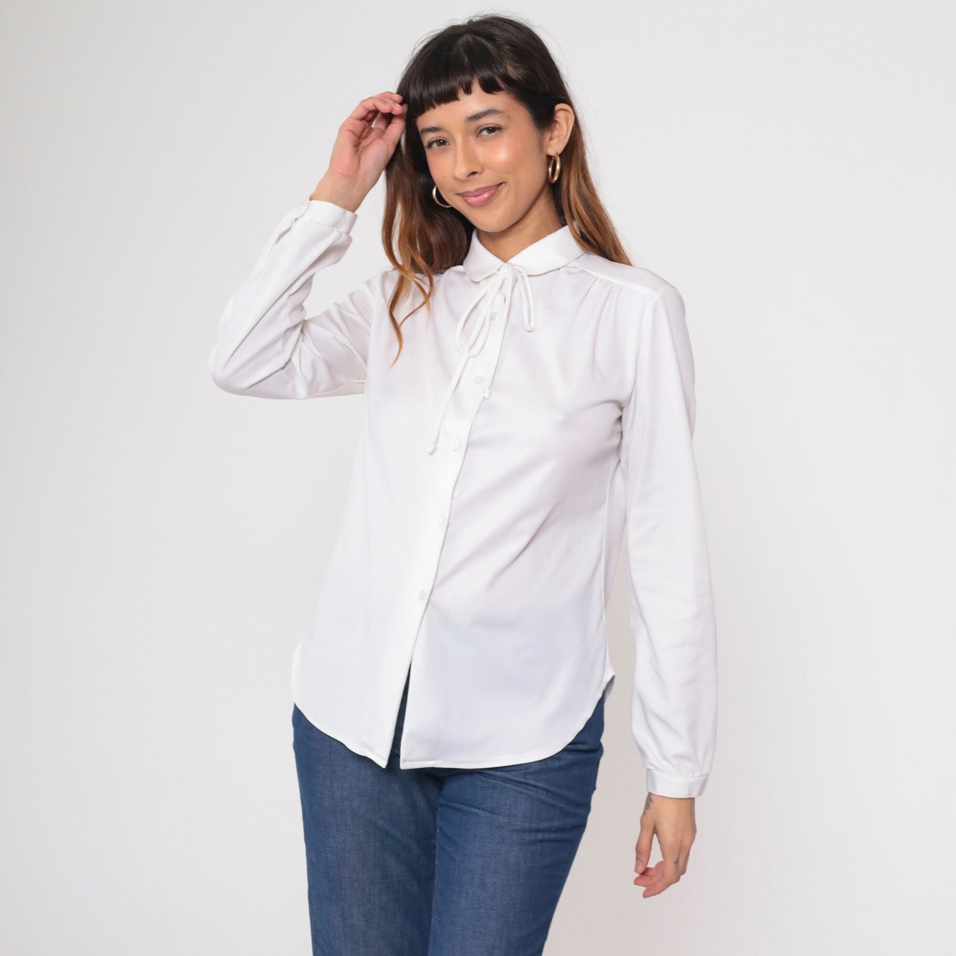 70s White Necktie Blouse Button-Up Long Sleeve Ascot Shirt Medium Large