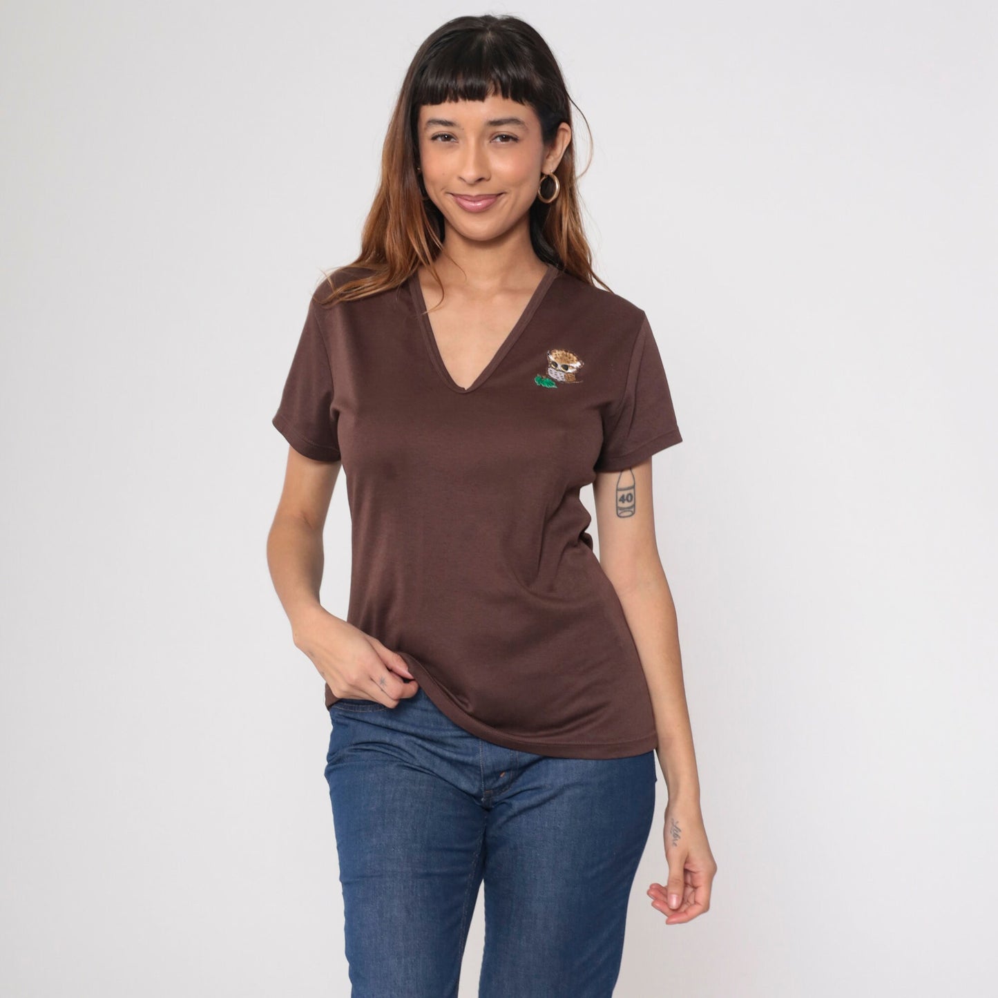 70s Owl Patch Brown V-Neck T-Shirt Cotton Graphic Tee Medium Large