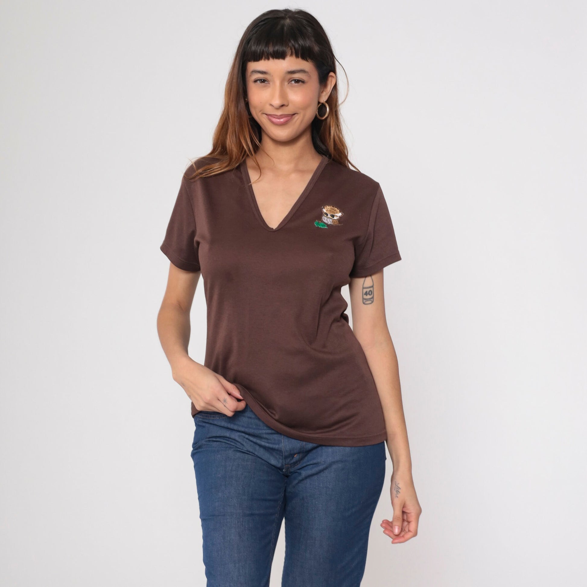 70s Owl Patch Brown V-Neck T-Shirt Cotton Graphic Tee Medium Large